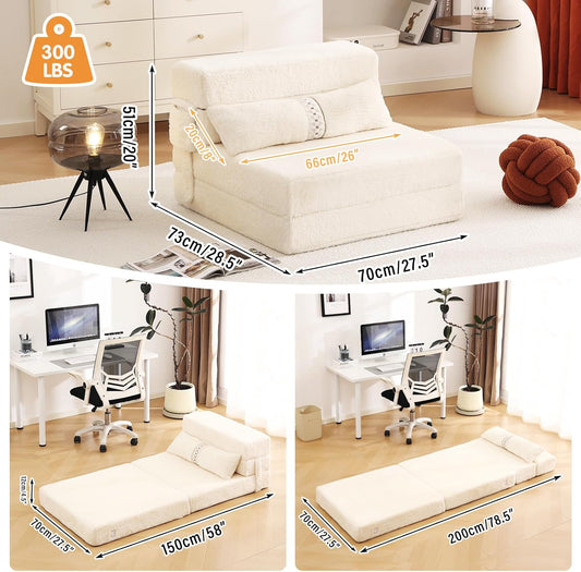 Tiita Folding Sofa Bed Couch, Single Size Foldable Futon Chair with Pillow, Folding Sleeper Sofa Chair Bed Floor Mattress for Guest Room, Living Room, Beige