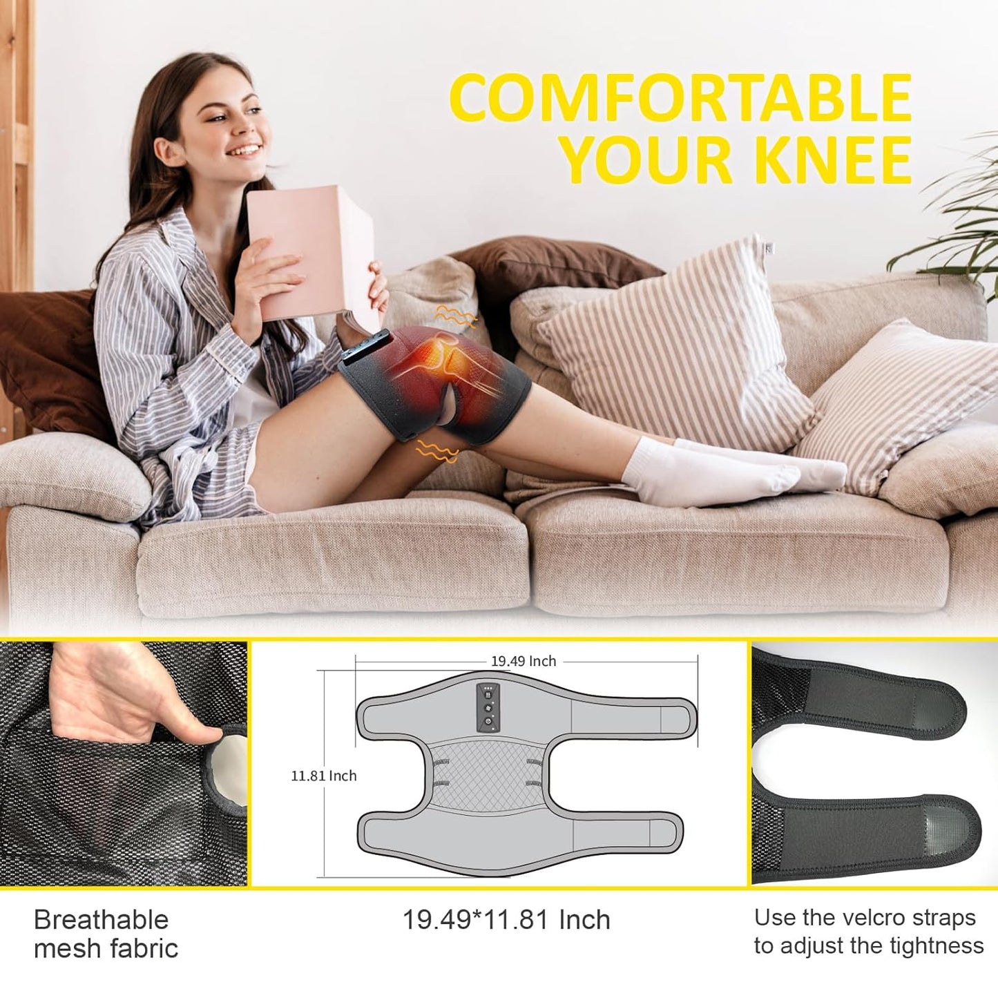 Graphene Heating Knee Pad with Vibration & Timer – USB Type-C Heated Knee Wrap with 3 Heat Levels & 2 Vibration Modes, Adjustable Strap & Breathable Mesh for Relaxing Warmth and Comfort