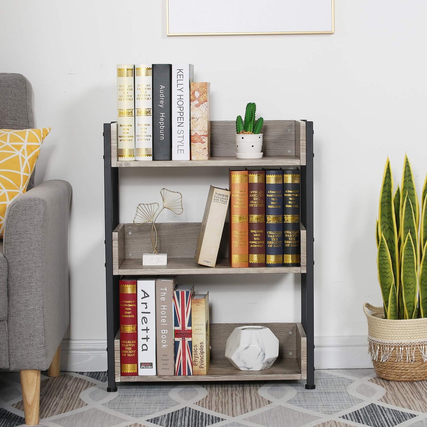 VECELO Bookshelf, 30" H Small Bookcase,3-Tier Storage Organizer,Wood Bookcase with Steel Frame,Shelving Unit for Living Room,Classroom,Office,Dormitory