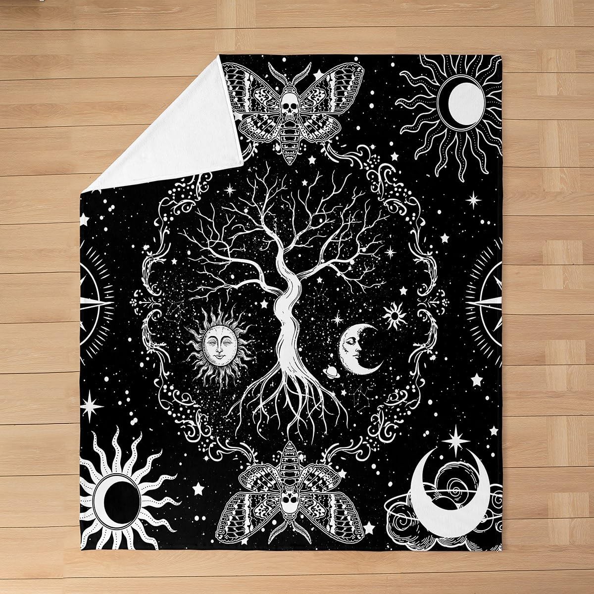 Erosebridal Tree of Life Blanket Hippie Gothic Moth Throw Blanket,Sun and Moon Fleece Blanket Throw 50x60 Psychedelic Galaxy Stars Flannel Blanket,Black and White Fuzzy Blanket Sofa Bed Couch Decor