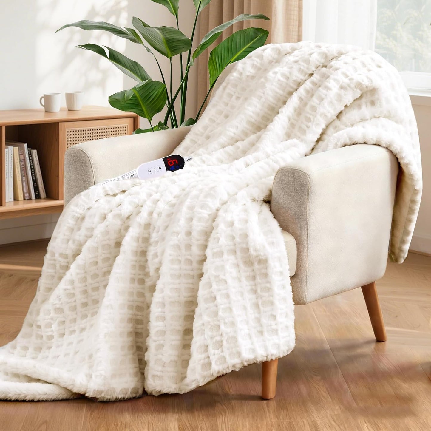 Waffle Heated Throw Blanket 50"x60" – Electric Blanket with 6 Heat Levels & 4 Timer Settings, Ultra-Soft Faux Fur & Sherpa, ETL Certified, Machine Washable, Ideal Gift for Women (Ivory/Cream)