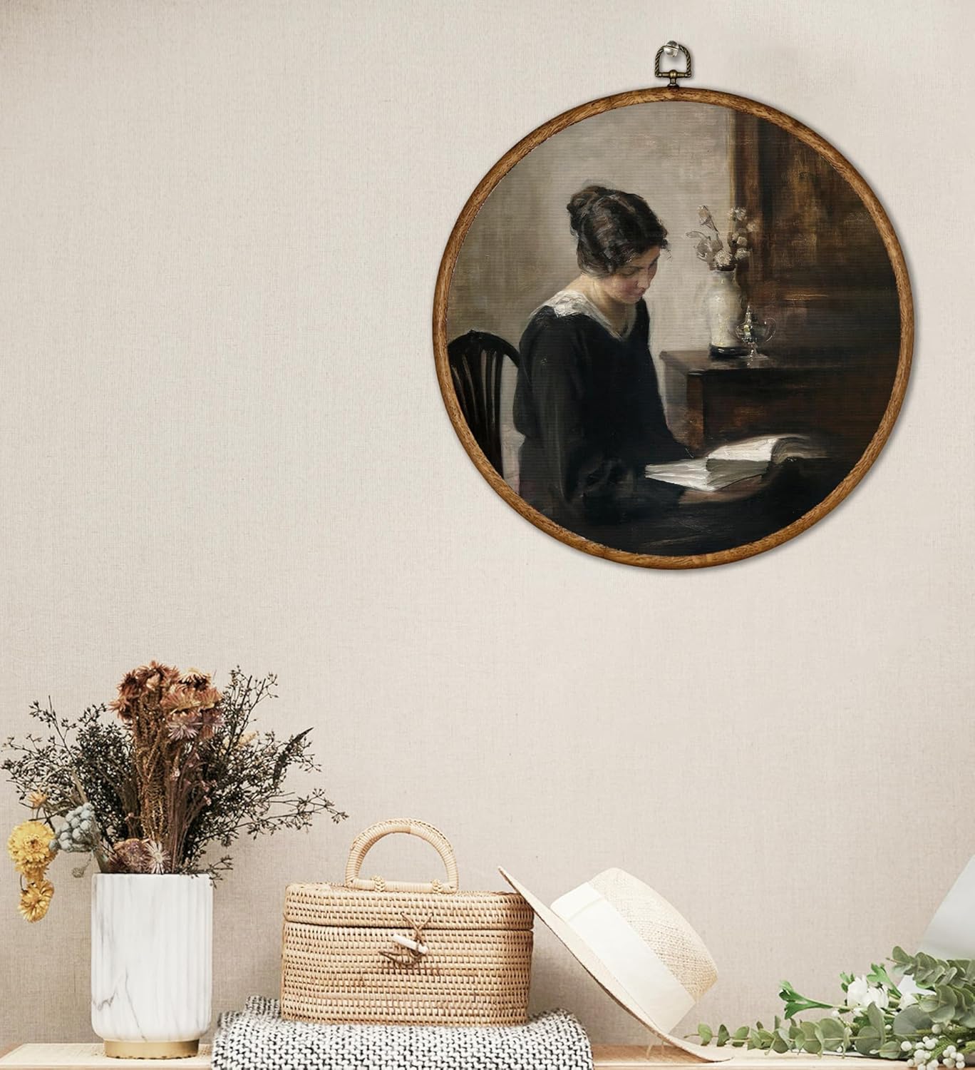 Vintage Moody Woman Reading Book Round Wall Art Framed, French Country Wall Decor, Master Paintings Farmhouse Antique Hanging Canvas Prints(10X10inches) -A18