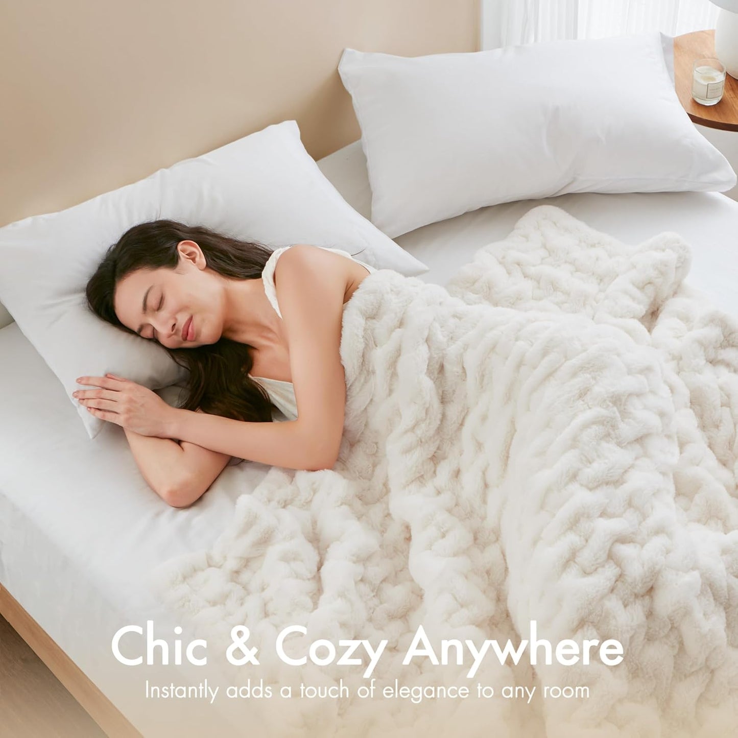 Madison Park Ruched Fur Luxury Throw Premium Soft Cozy Brushed Long Faux Fur For Bed, Couch or Sofa , 50x60" , Ivory
