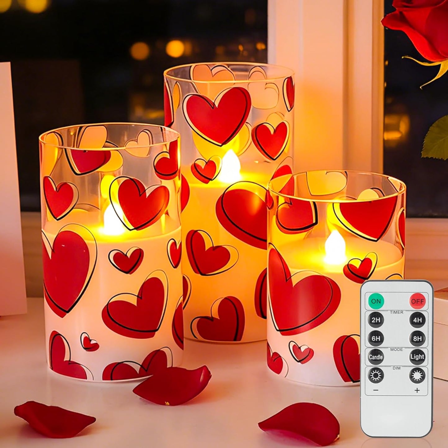 Valentines Day Flameless Candles with Remote, Red Heart Glass Battery Operated Candles, Real Wax Flickering LED Pillar Candles for Proposal Wedding Anniversary Romantic Night, 3 Pack