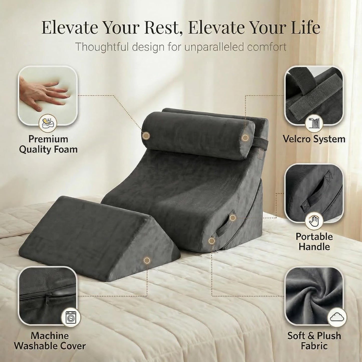 Axelrod Orthopedic Bed Wedge Pillow Set, Post Surgery Foam for Back, Neck and Leg Pain Relief Comfortable & Adjustable Ortho Pillows- Anti Snoring, Heartburn, Acid Reflux & GERD Sleeping Dark Grey