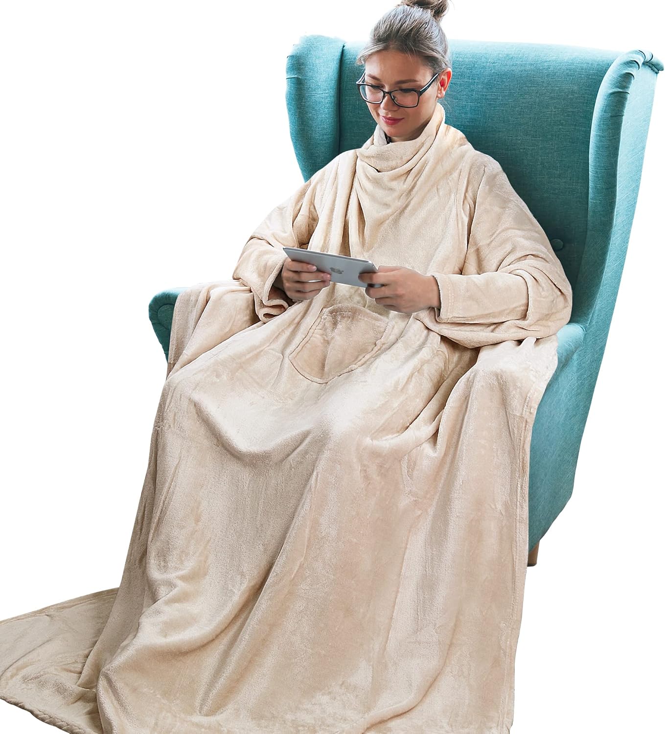 Tirrinia Wearable Blanket Adult, Sunggle Blanket With Sleeves, Reading Full Blanket, Cozy TV Blanket, Gift Idea for Women Men Mom, Latte