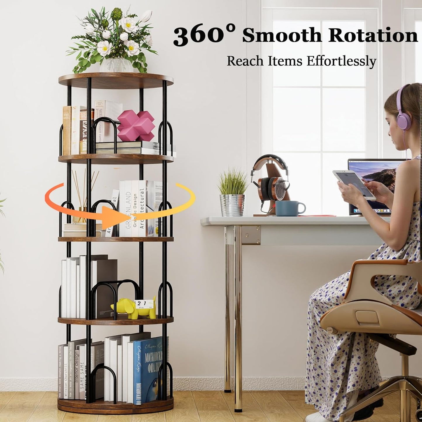 4 Tier Rotating Bookshelf, 360 ° Display Corner Book Shelf, Stackable Spinning Bookshelf Tower, Narrow Tall Revolving Bookcase, Round Swivel Storage Organizer (Black, 4 Tiers)