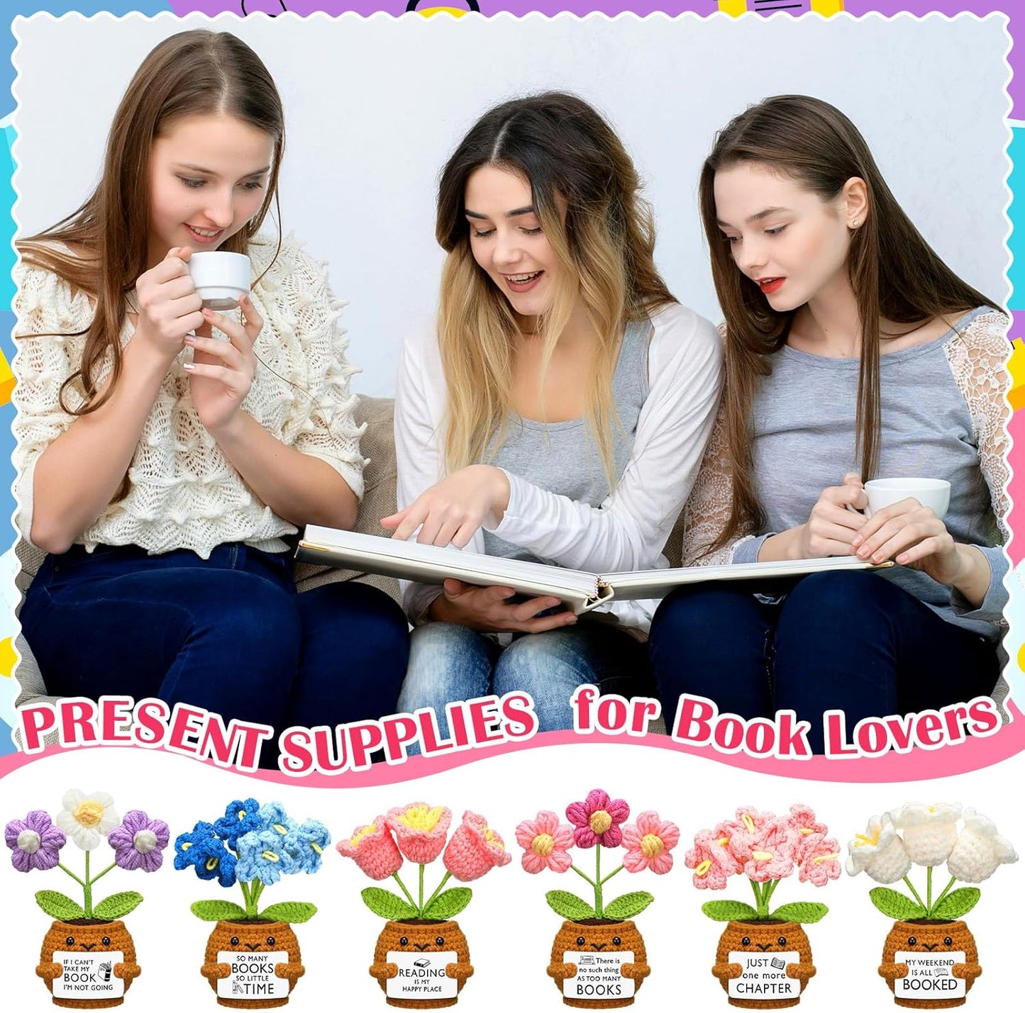 Wavwavw 6 Pcs Book Club Gift Book Lover Gift Bulk Crochet Flower Handmade for Bookish Bookshelf Deck Decor Librarian(Flower)