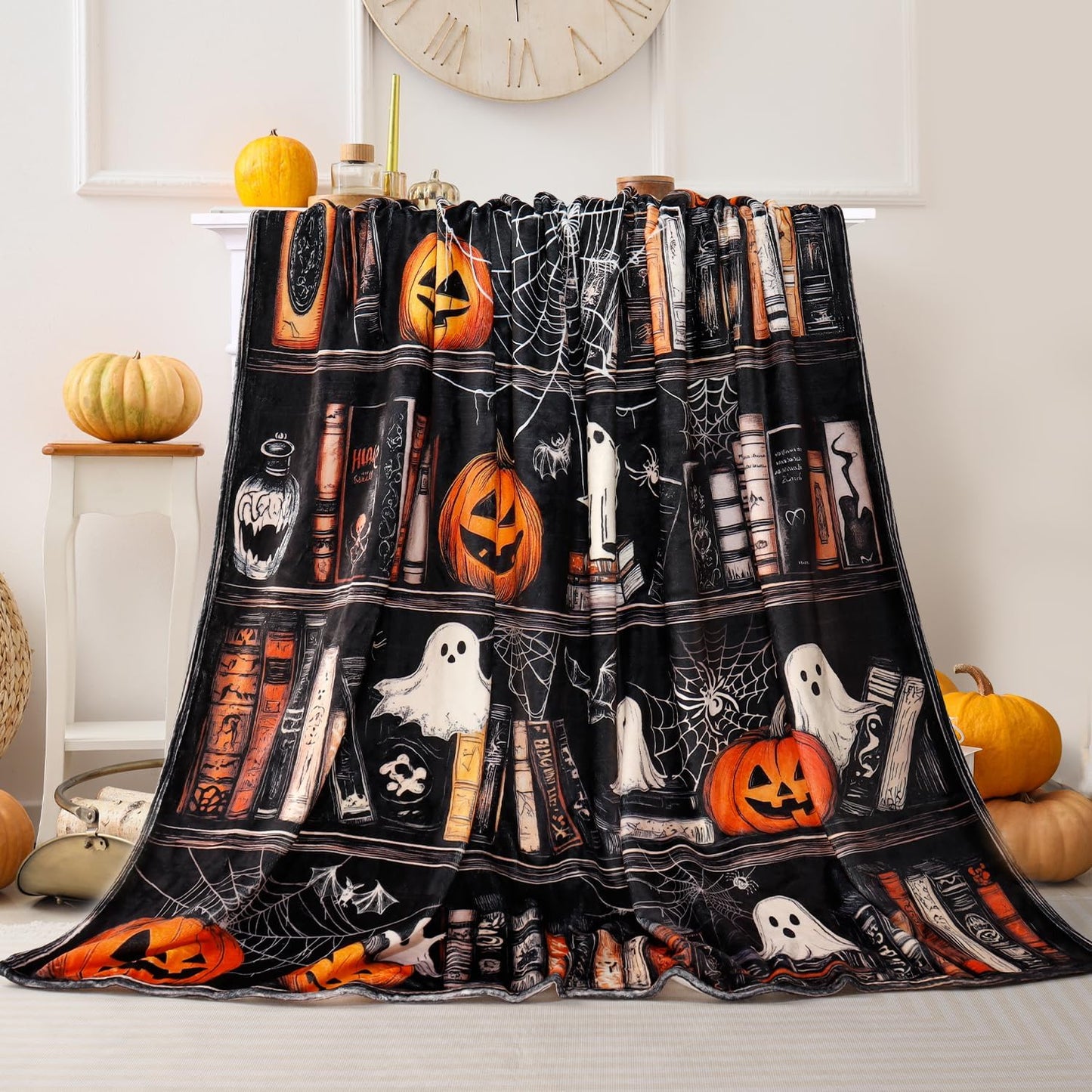 Halloween Blanket Gothic Ghost Bookshelf Throw Blanket for Book Lovers Pumpkin Spider Web Fleece Throw Blankets Super Soft Warm Cozy Flannel Blankets for Couch Sofa Bed 50" x 60"
