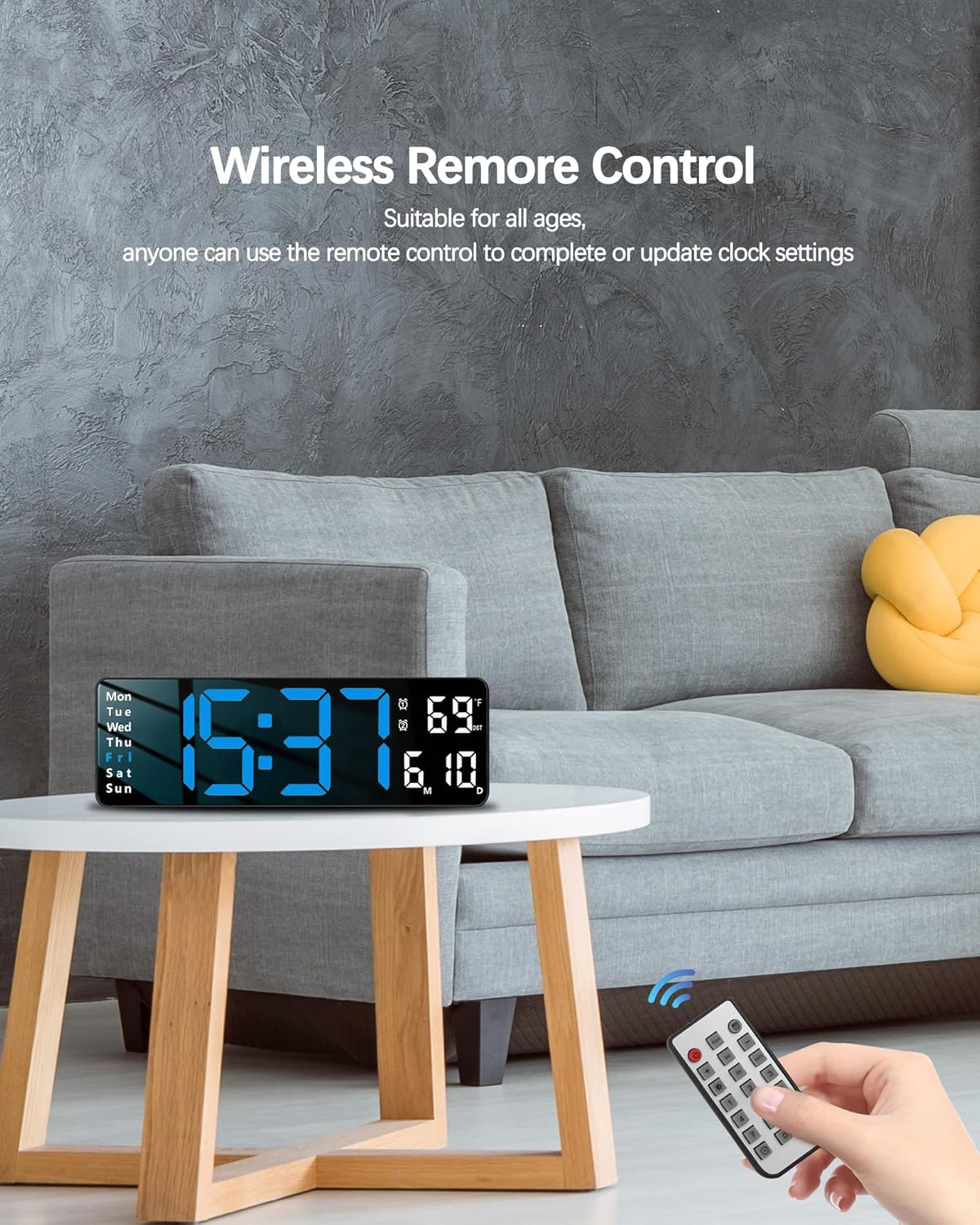 JoFomp Digital Wall Clock - 13" Large LED Display, Loud Alarm, Remote Control, DST, Auto-Dimming, Date and Day, Timer, Temperature - 12/24H Format - Ideal for Living Room, Bedroom, Kitchen