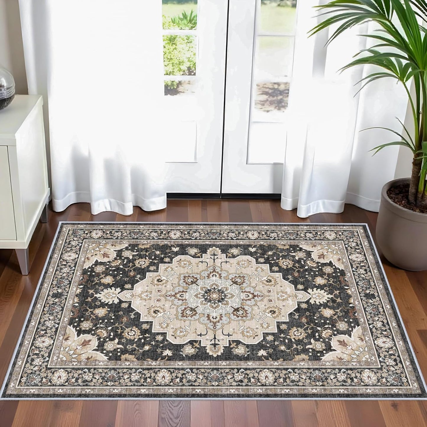 Washable 2x3 Entryway Area Rug: Vintage Non-Slip Backing Rugs for Kitchen Bathroom Water Resistant Carpet for Bedroom Soft Low Pile Front Door Mat for Dining Room 2x3 Black
