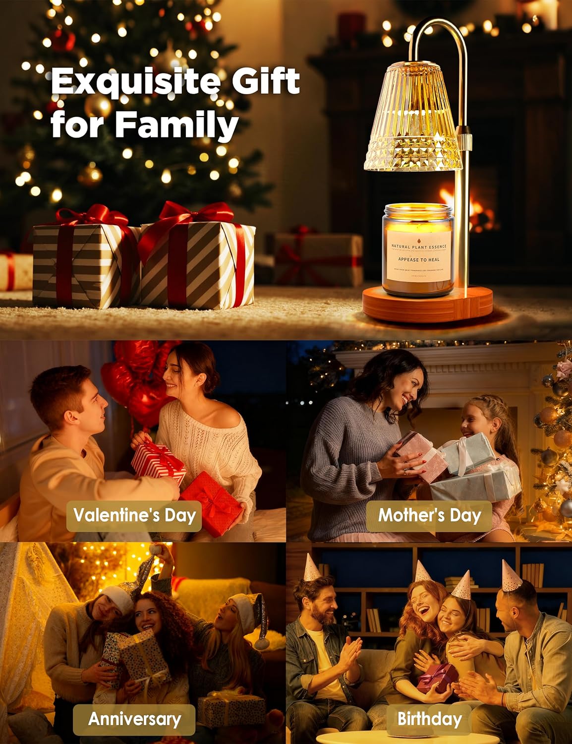 TATAANTY Candle Warmer Lamp with Timer Dimmable, Height-Adjustable Candle Warmer with 2 Bulbs, Melt Wax Warmer Lamp, House Warming Gifts New Home,Gifts for Women, Golden Glass Shade, Wood Base