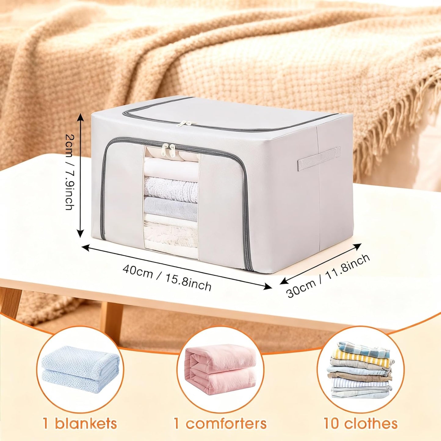 Sturdy Storage Box with Handle Lid Collapsible Fabric Organizer Chest Bins For Blankets Clothes Books 16 * 12 * 8inches