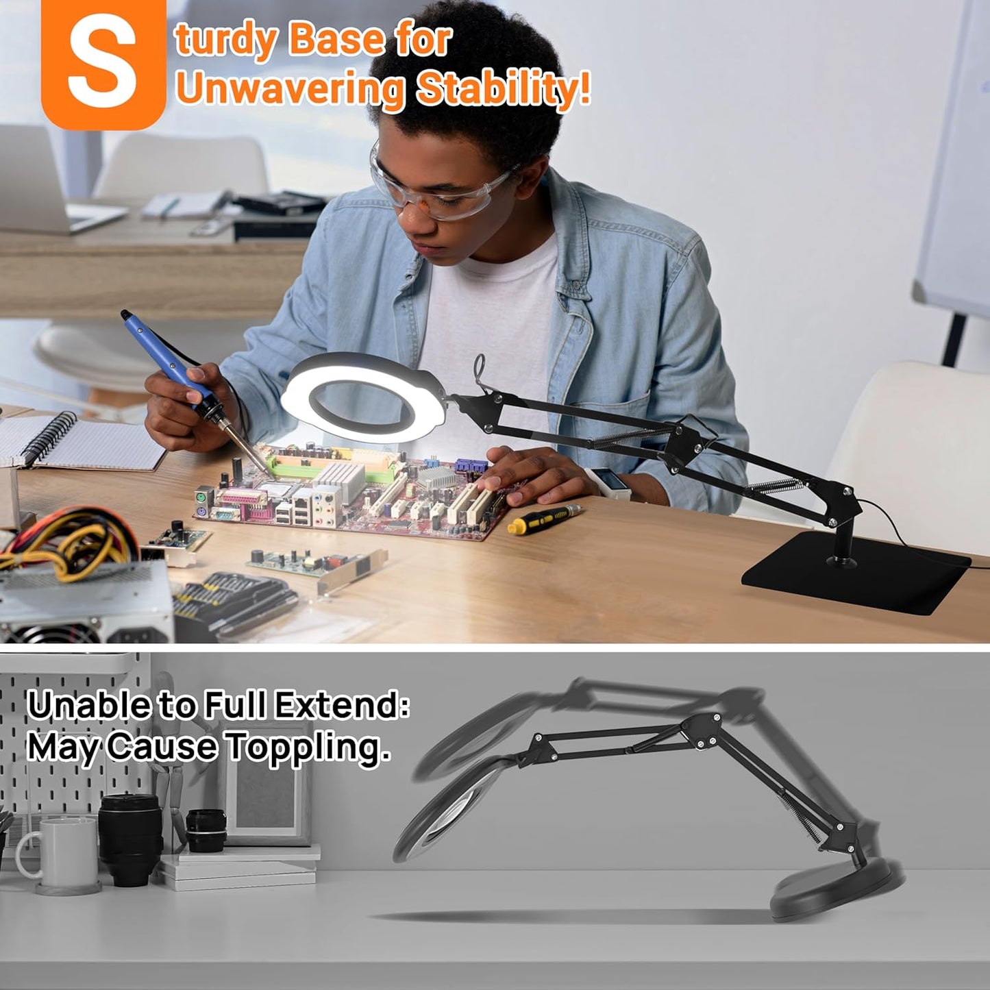 10X Magnifying Glass with Light and Stand, 84 LEDs 2 in 1 Magnifier Lamp with Clamp and 5 Color Stepless Dimmable Modes for Hands Free Reading Sewing Crafts Repair and Close Work