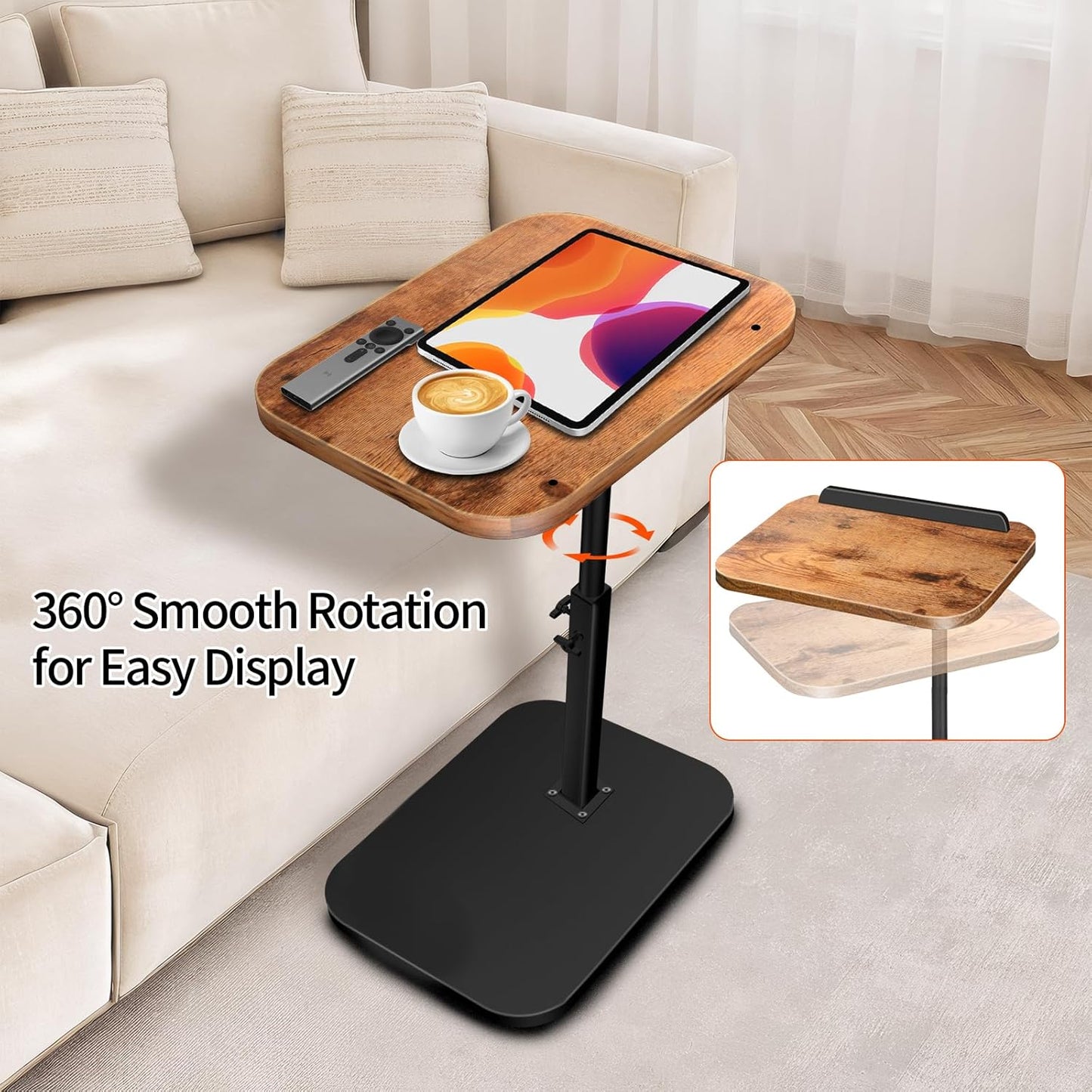 Small End Table Adjustable Height, 90° Flip-Over Panel Side Table for Small Spaces 360° Swivel TV Tray Couch Tables That Slide Under, Food Snack Trays for Sofa Bed Living Room