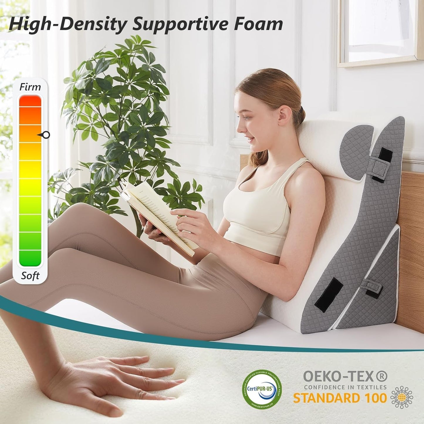Bed Wedge Pillow Set for Sleeping 3 PCS - 16.5" Wide Triangle Pillow for Back Leg Pain Relief with Washable Cover - 35D Foam Wedge Pillow Post Surgery for Acid Reflux & Snoring (White Grey)