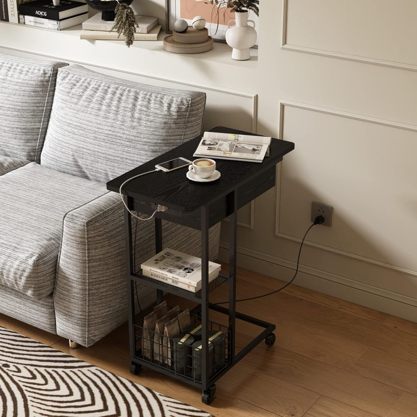 LIDYUK C Shaped End Table with Charging Station, Flip Top Side Table with USB Ports and Outlets, C Table Sofa Table with Storage Shelf for Living Room, Bedroom, Black