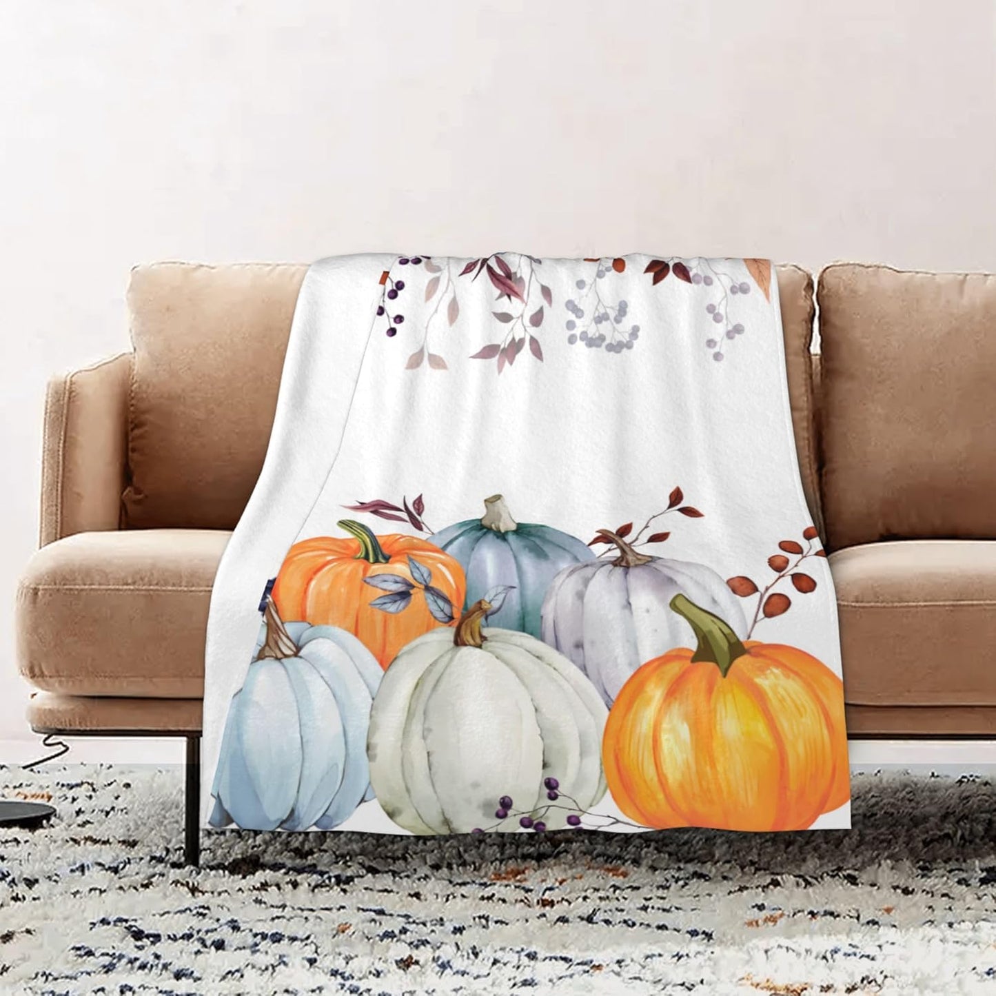 Pumpkin Flannel Throw Blanket - Fall Thanksgiving Watercolor Autumn Pumpkins Terracotta Eucalyptus Leaves Decorations - Bed, Sofa, Couch, Travel - 50"x60"