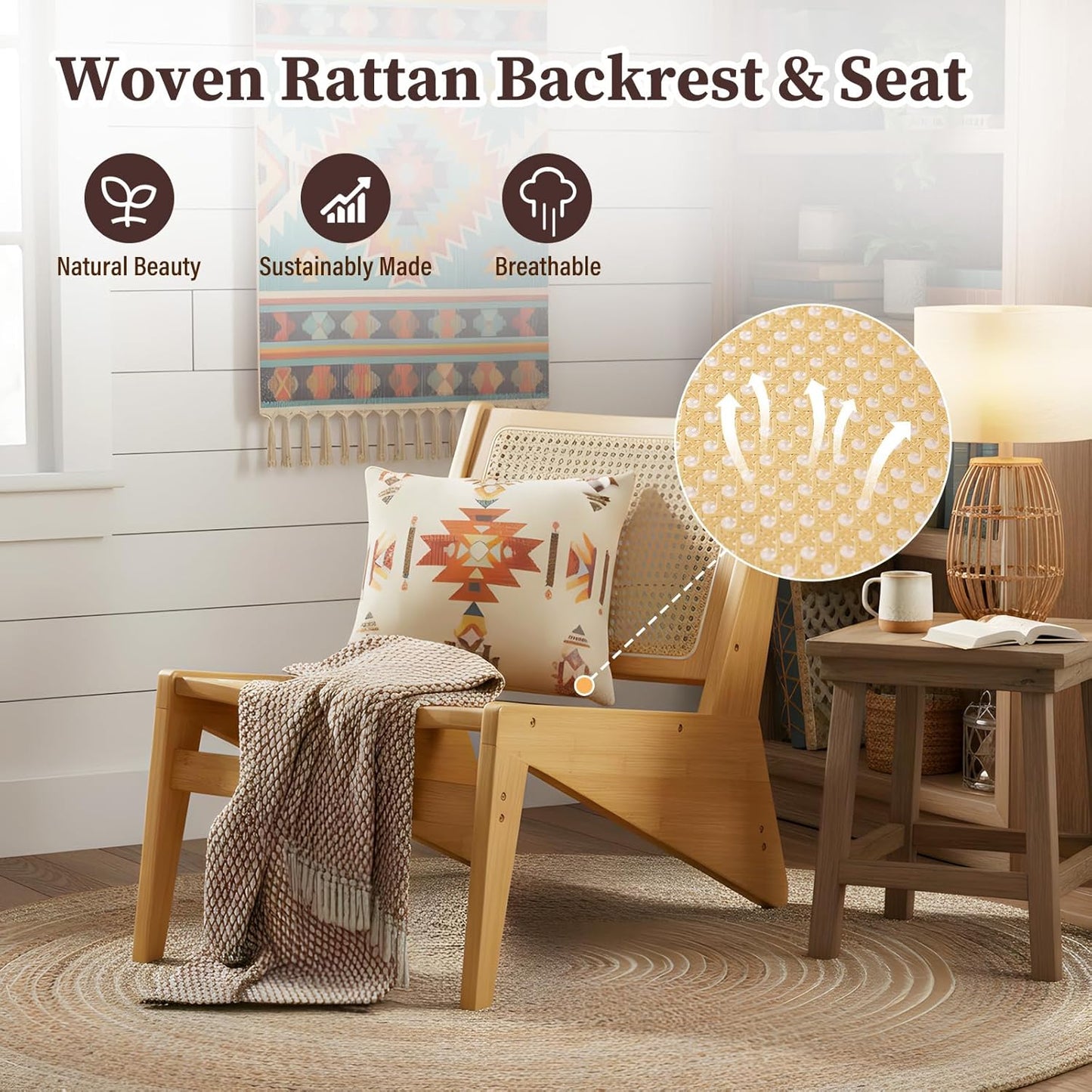 Rattan Chair 2Pcs, Mid Century Modern Accent Chair, Leisurely Reading Chair for Living Room（Wood）