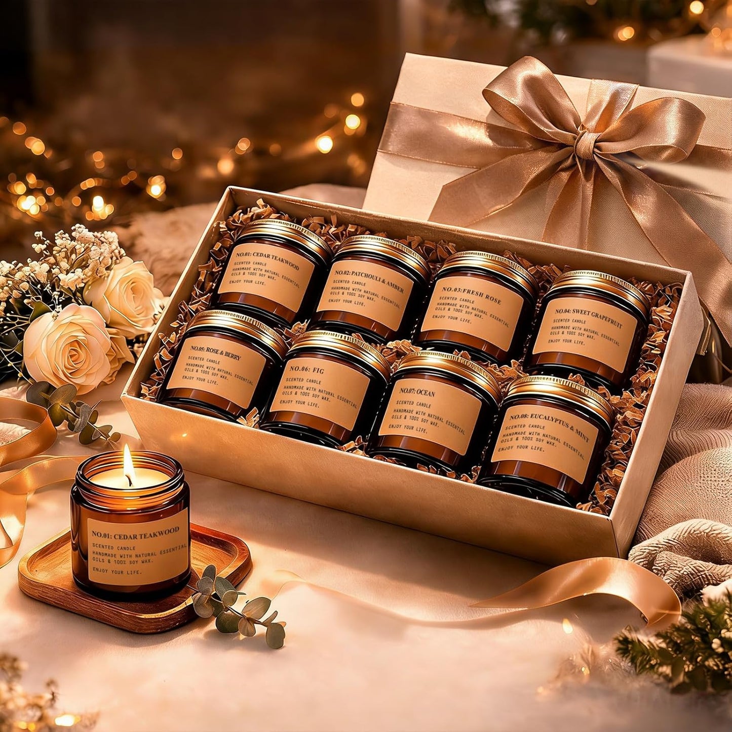Scented Candles for Home, 8 Pack Soy Wax Candle Set, Aromatherapy Candles, Amber Jar Vintage Apothecary Style, 8 Scents Gift Set