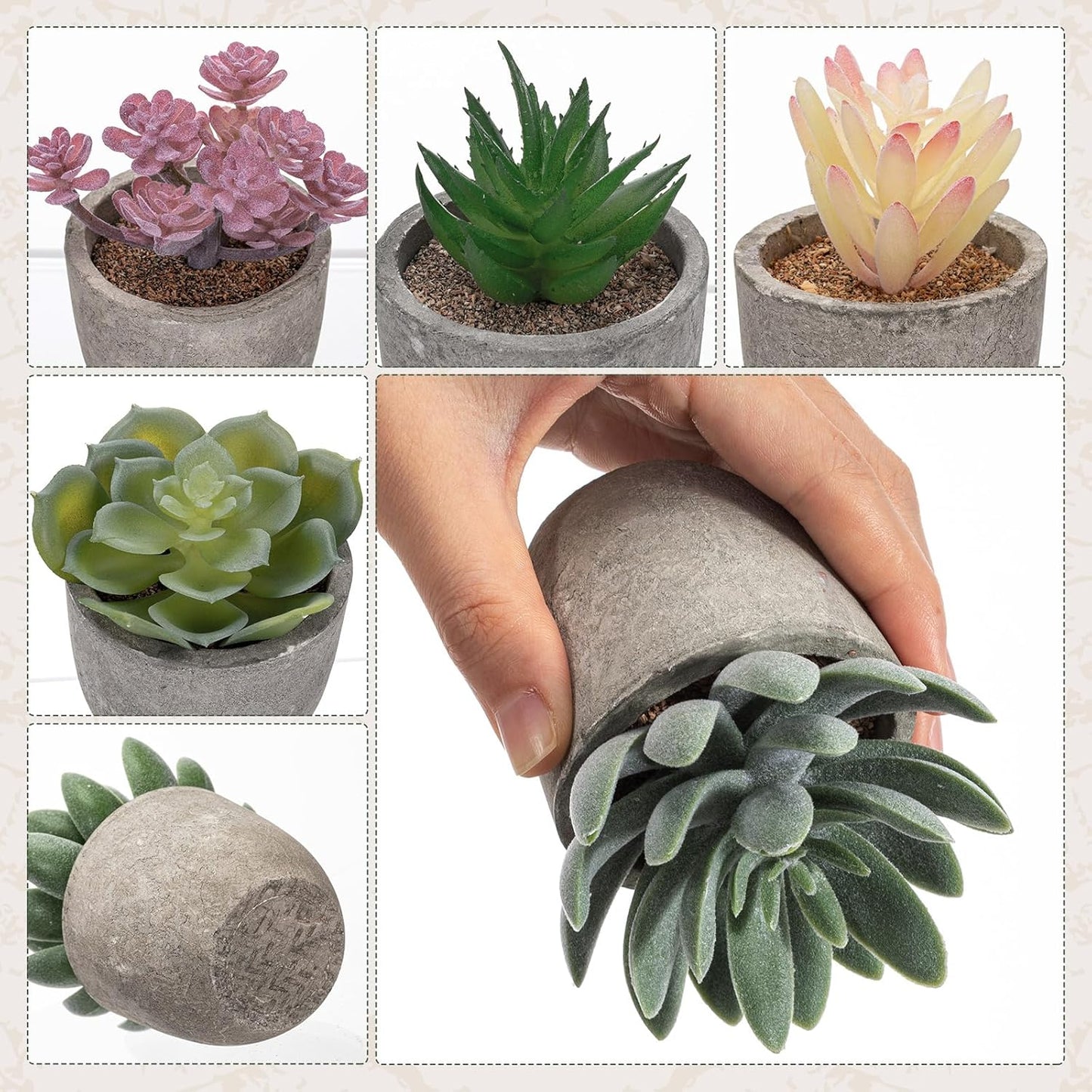 Set of 6 Artificial Succulents Potted - Realistic Mini Fake Cactus Plants in Paper Pulp Pots, 2-4'' Mixed Sizes for Farmhouse Shelf, Bathroom, Coatrack Shelf, Bedroom Indoor(Classic Style)