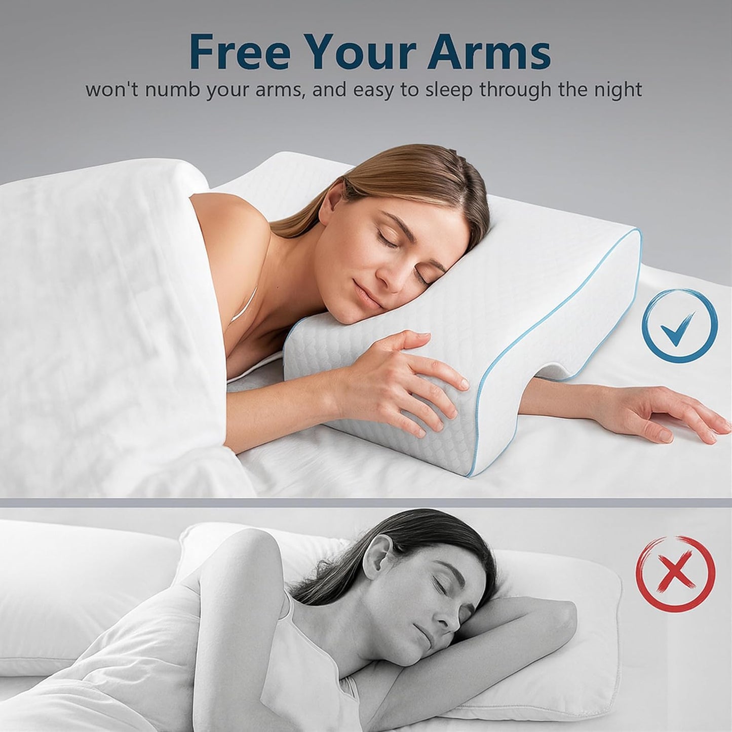 Ergonomic Memory Foam Cuddle Pillow, Arched Side Sleeper Pillow with Arm Tunnel and Arm Hole, Under Arm Support Pillow for Neck and Arm Pressure Relief, Removable Cover (Right Arm)