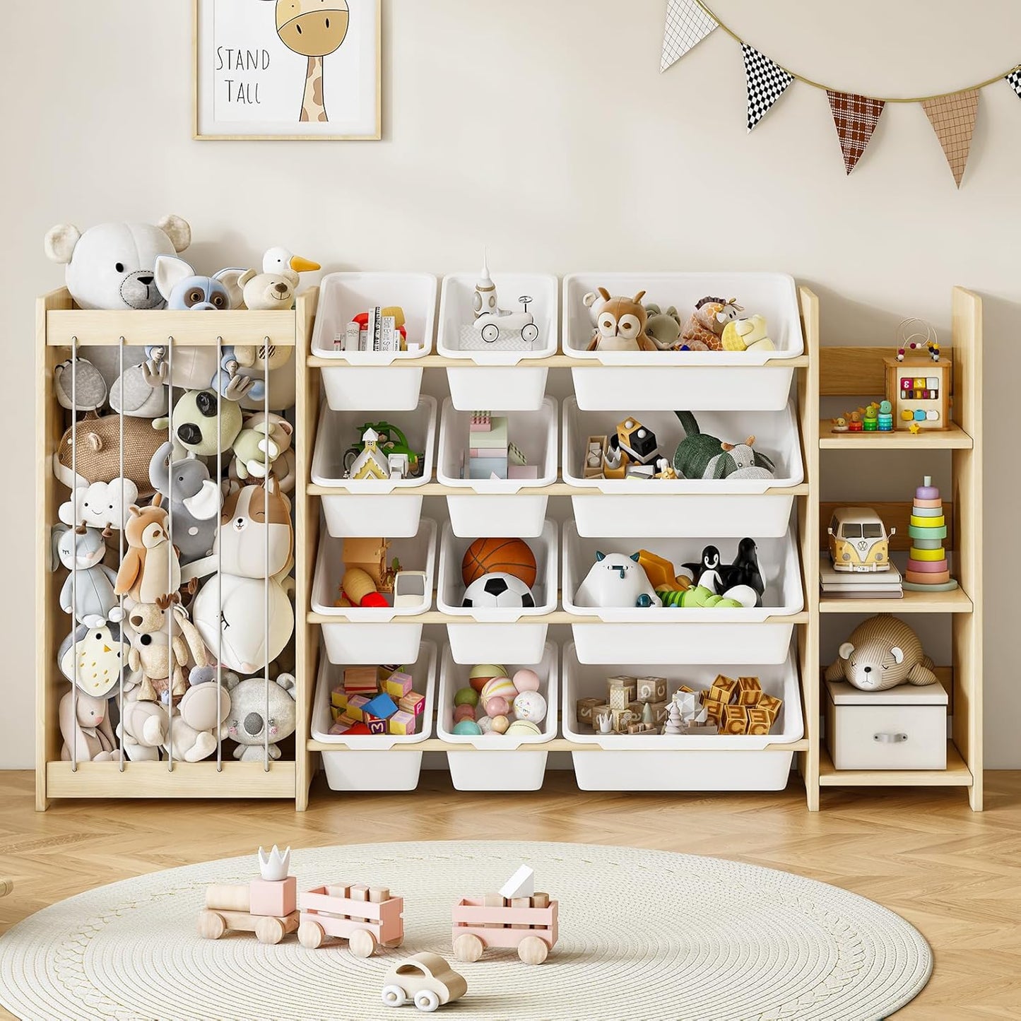 3-in-1 Toy Storage Organizer, Stuffed Animal Holder & 3-Tier Bookcase, Solid Wood Toy Organizer with 12 Storage Bins, Space-Saving Toy & Book Shelf for Kids Rooms, Bedroom, Playroom, White
