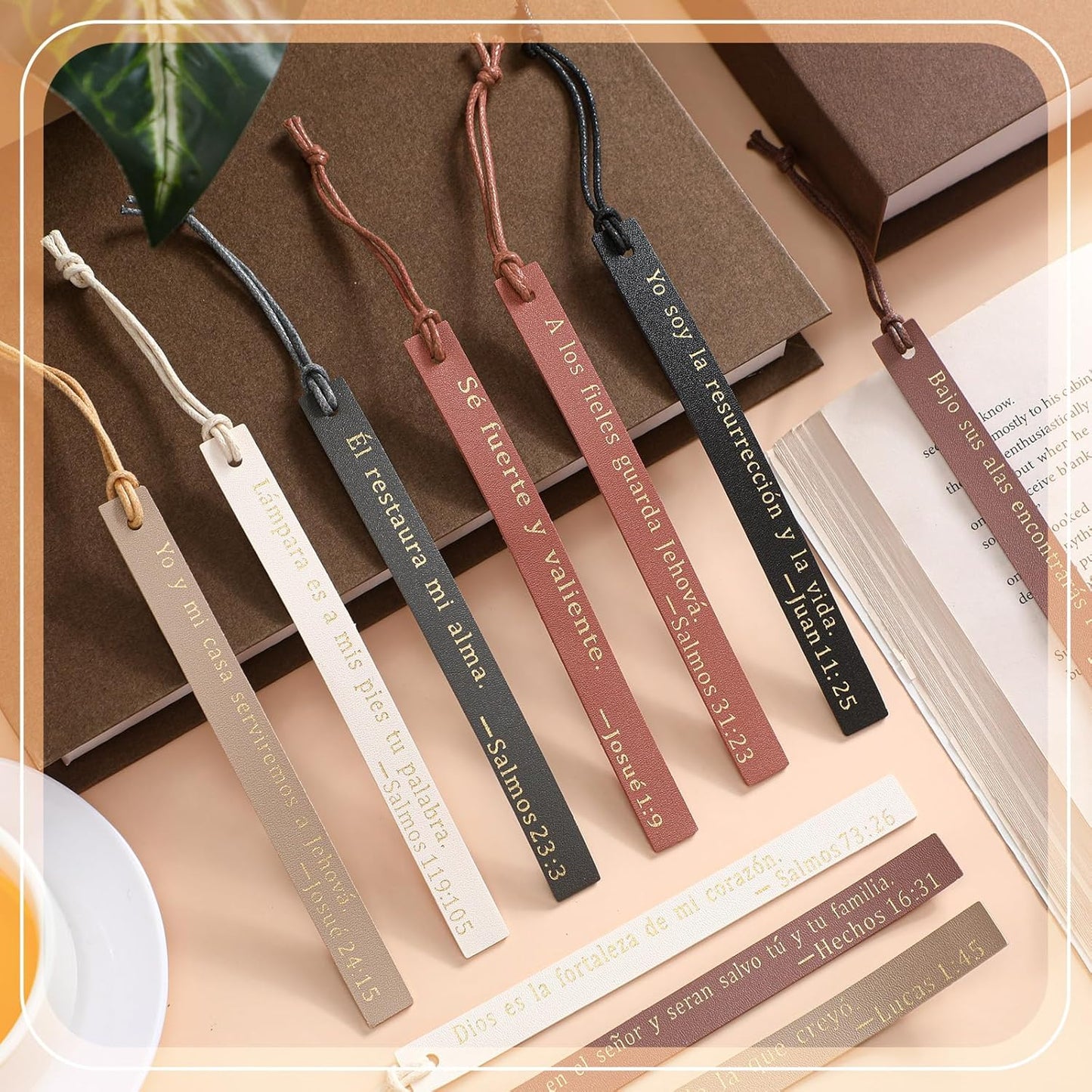 Skyygemm 10 Pcs Spanish Christian Bible Bookmarks for Women Leather Bookmarks Spanish Bible Gifts for Women Book Lovers Readers Church Book Club(Black Brown)