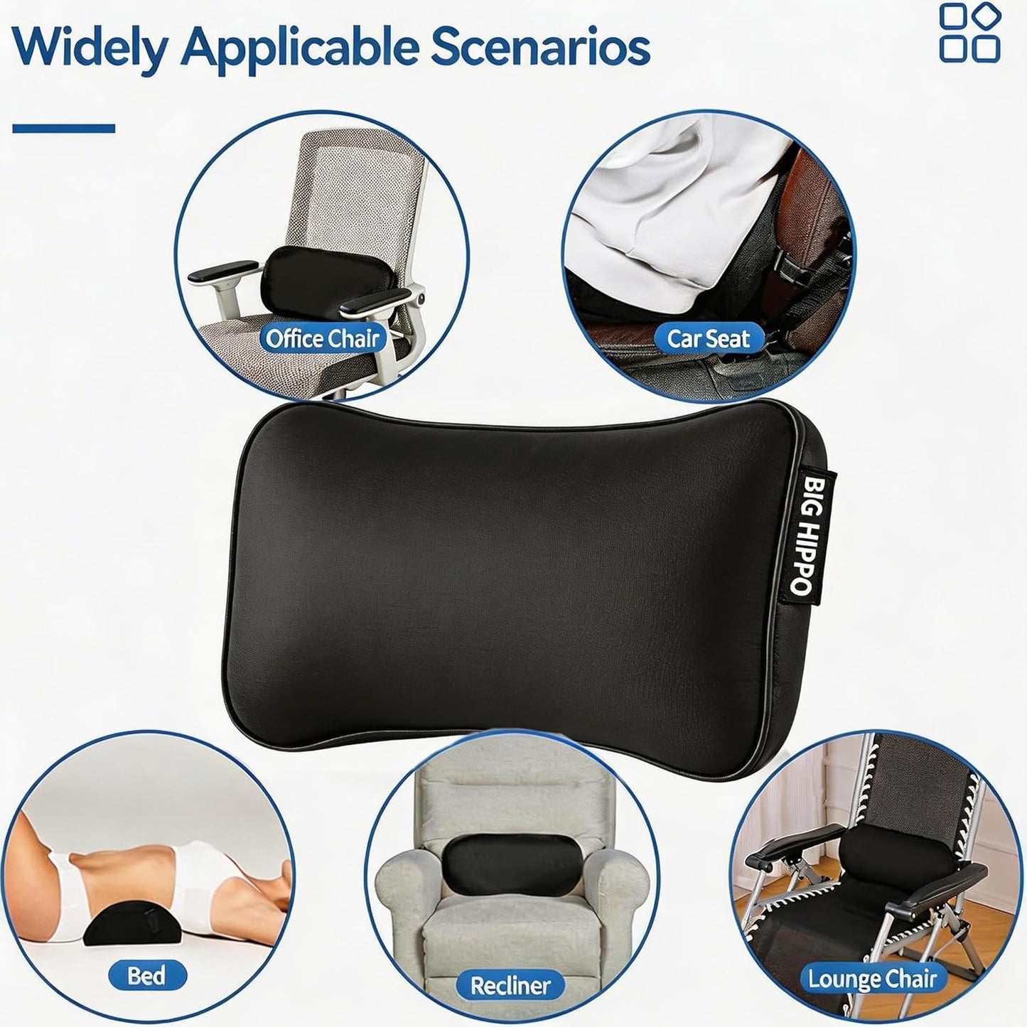 Big Hippo Lumbar Support Pillow for Car & Office Chair - Memory Foam Back Cushion for Lower Back Pain Relief, Ergonomic Back Support with Breathable Cover for Home, Truck, Wheelchair