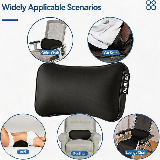 Big Hippo Lumbar Support Pillow for Car & Office Chair - Memory Foam Back Cushion for Lower Back Pain Relief, Ergonomic Back Support with Breathable Cover for Home, Truck, Wheelchair