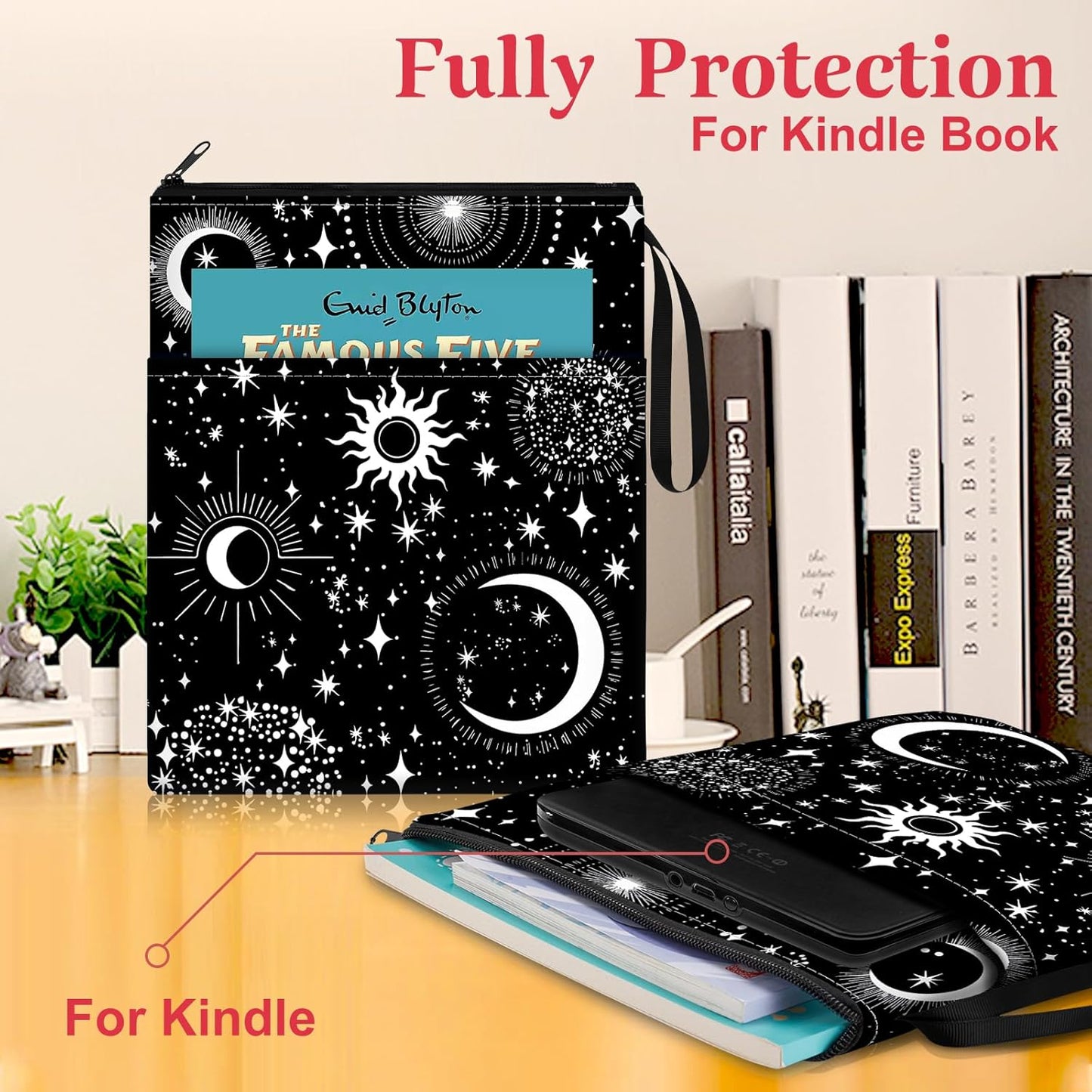 Slohif Book Sleeve Pouch Book Cover Protector with Zipper Black Book Beau Booksleeve Pouches for Paperback HardBook Cover Reading Accessories Item for Students Women Readers(Sun Moon)