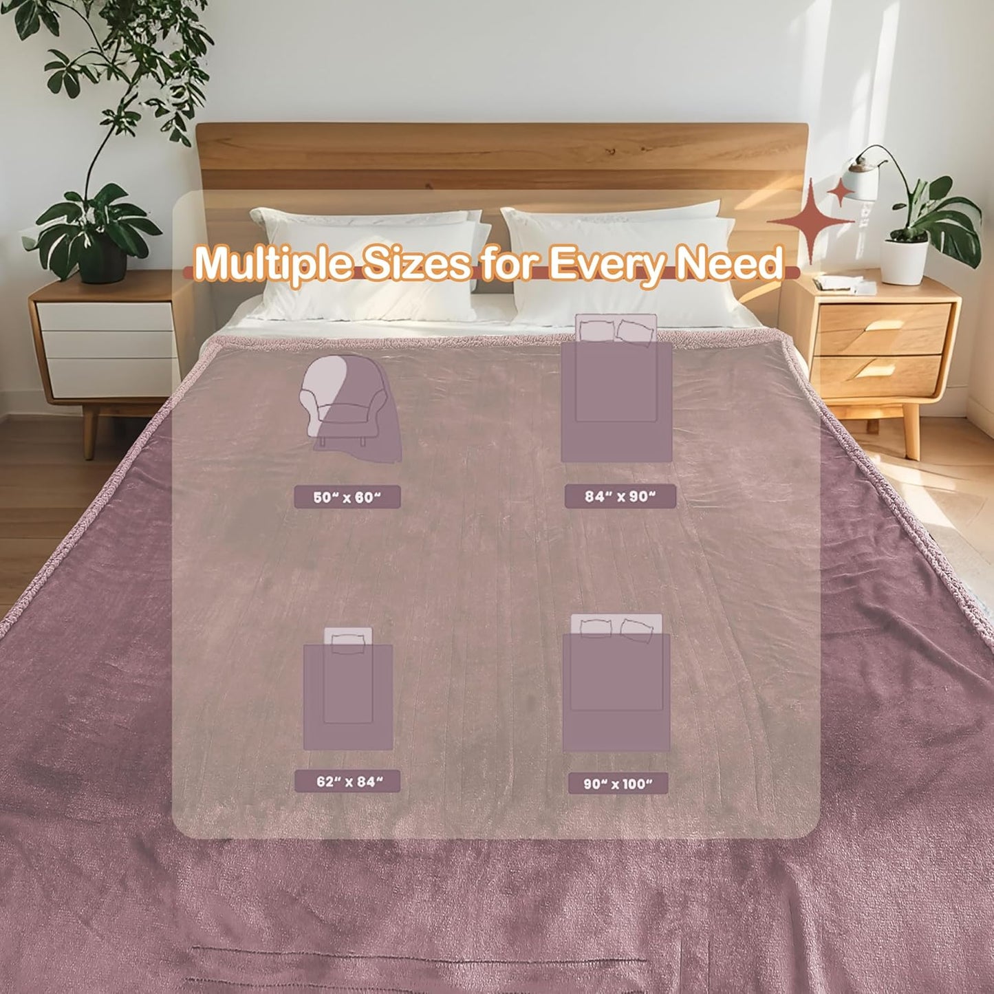 Electric Heated Blanket Throw Size 50" x 60" - 5 Heat Settings & 3H Auto-Off, Microplush Flannel & Sherpa, Machine Washable, Overheat Protection, Ideal Gifts for Home/Bedroom/Sofa, Lavender Purple