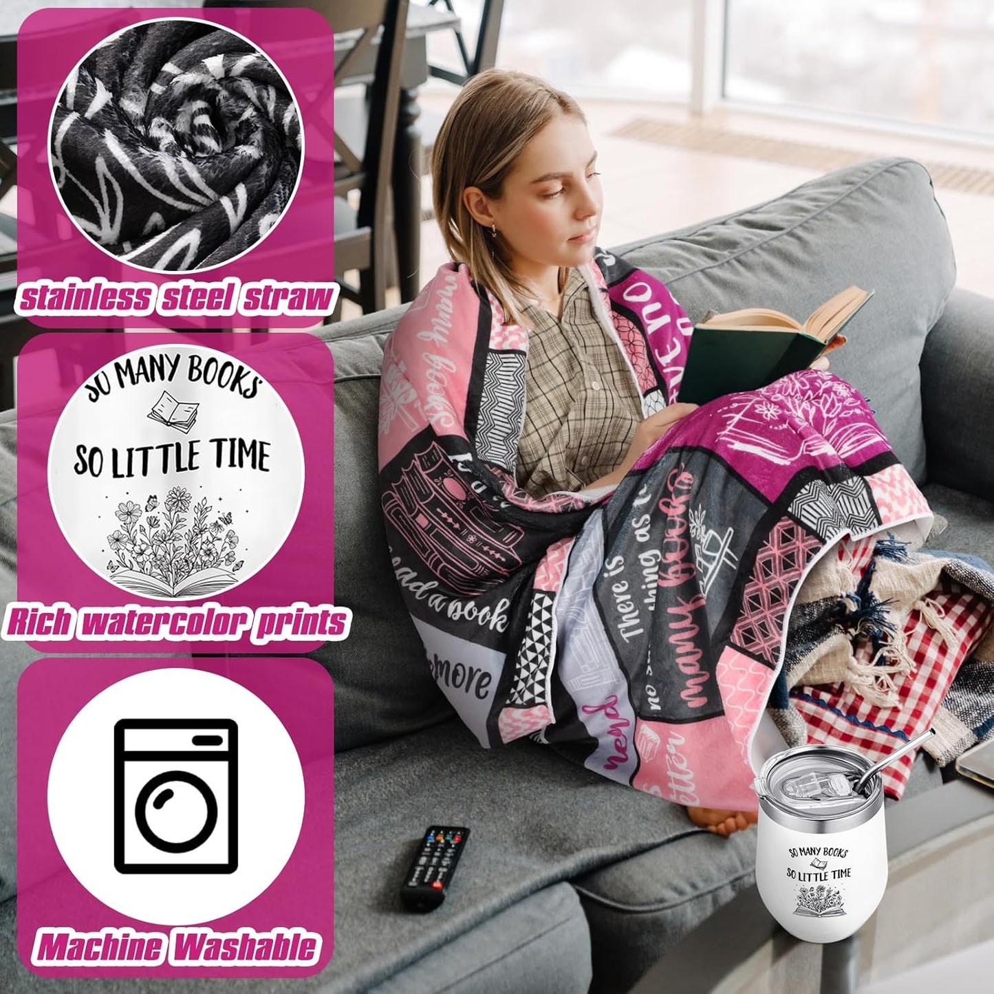 3 Pcs Book Lovers Gifts for Women Include 60'' x 50'' Flower Reading Blanket Insulated Simple Wildflowers Tumbler Socks for Library Club Librarian Cat Owner Readers