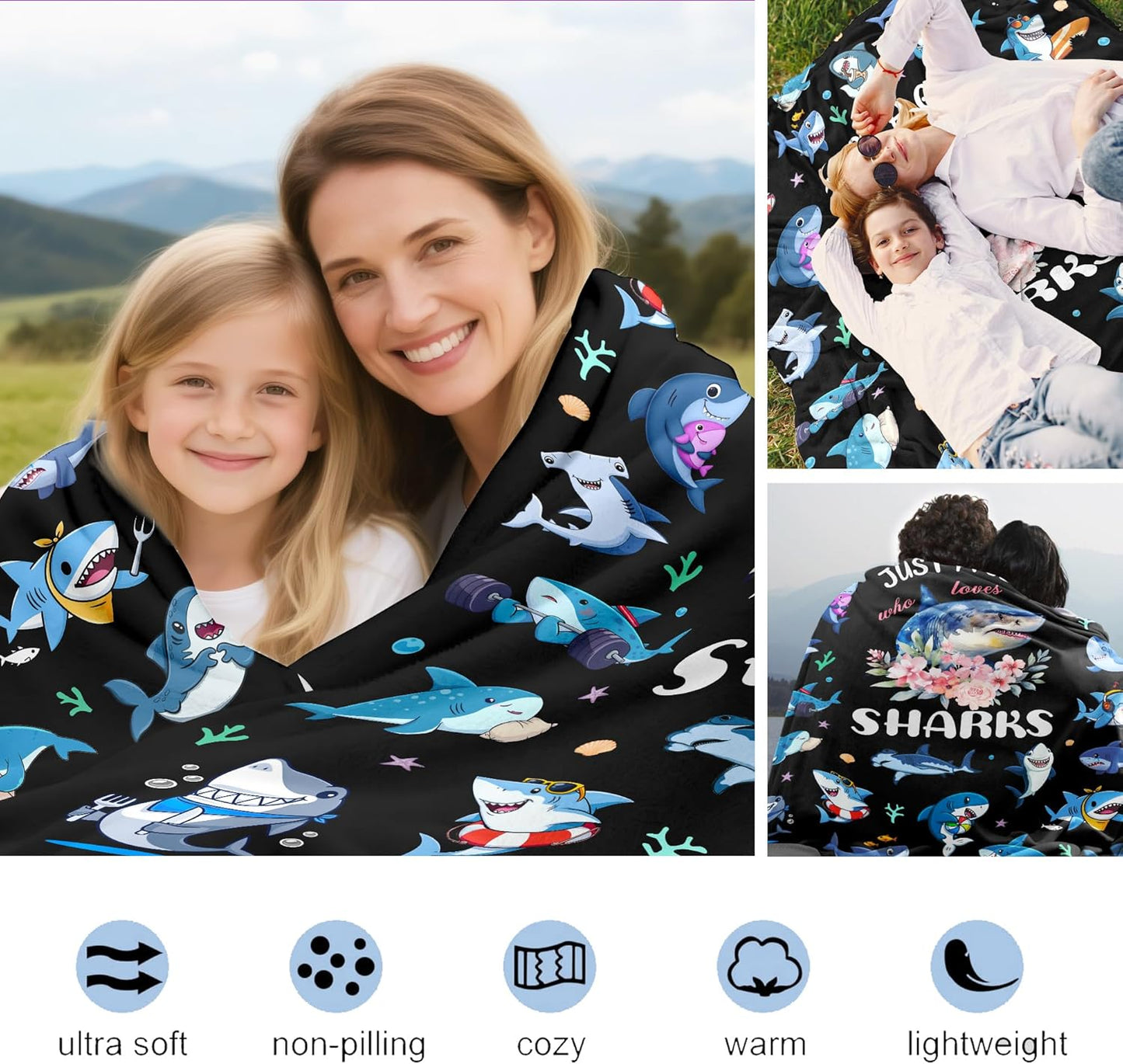 Shark Blanket Gifts for Shark Lover Soft Cozy Flannel Sharks Throw Blanket Sharks Themed Birthday Bedding Decor Stuff Gifts for Girls Women Kids Adults 60" x 50"