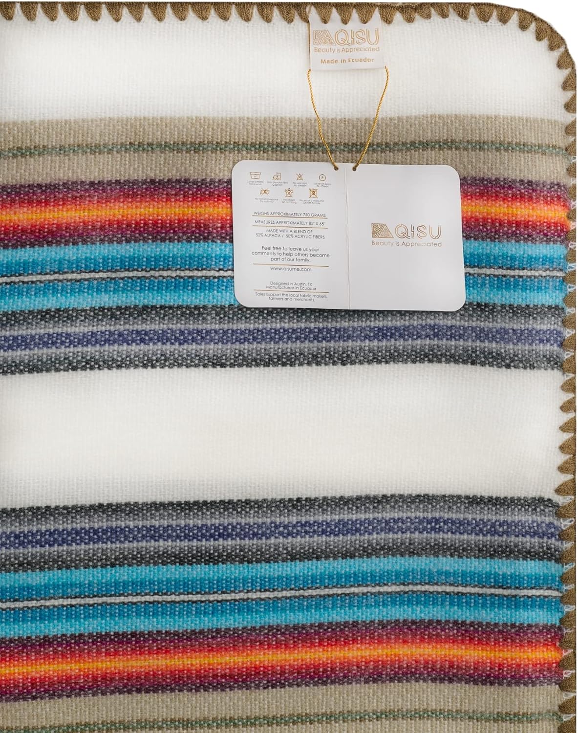 QISU Alpaca Wool Blanket Throw | Large, Beautiful, Warm, Variegated | 85 x 65 inches | Ultra-Soft, Hypoallergenic and Breathable | Non-Itchy or Scratchy Fabric (White Blue Variegated)