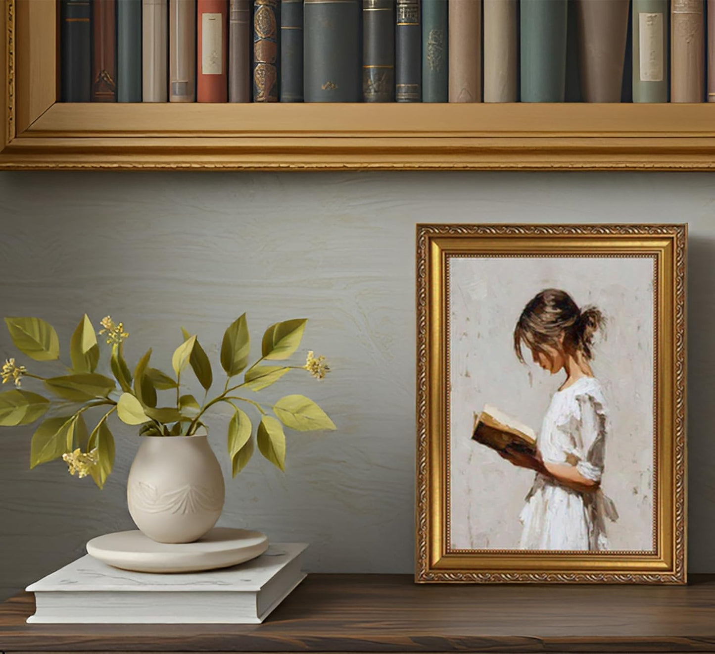 XIGBAWAN Framed Vintage Wall Art Woman Reading Portrait Victorian Gold Frame Canvas Painting Book Lover Reading Room Decor 12x16 Inch