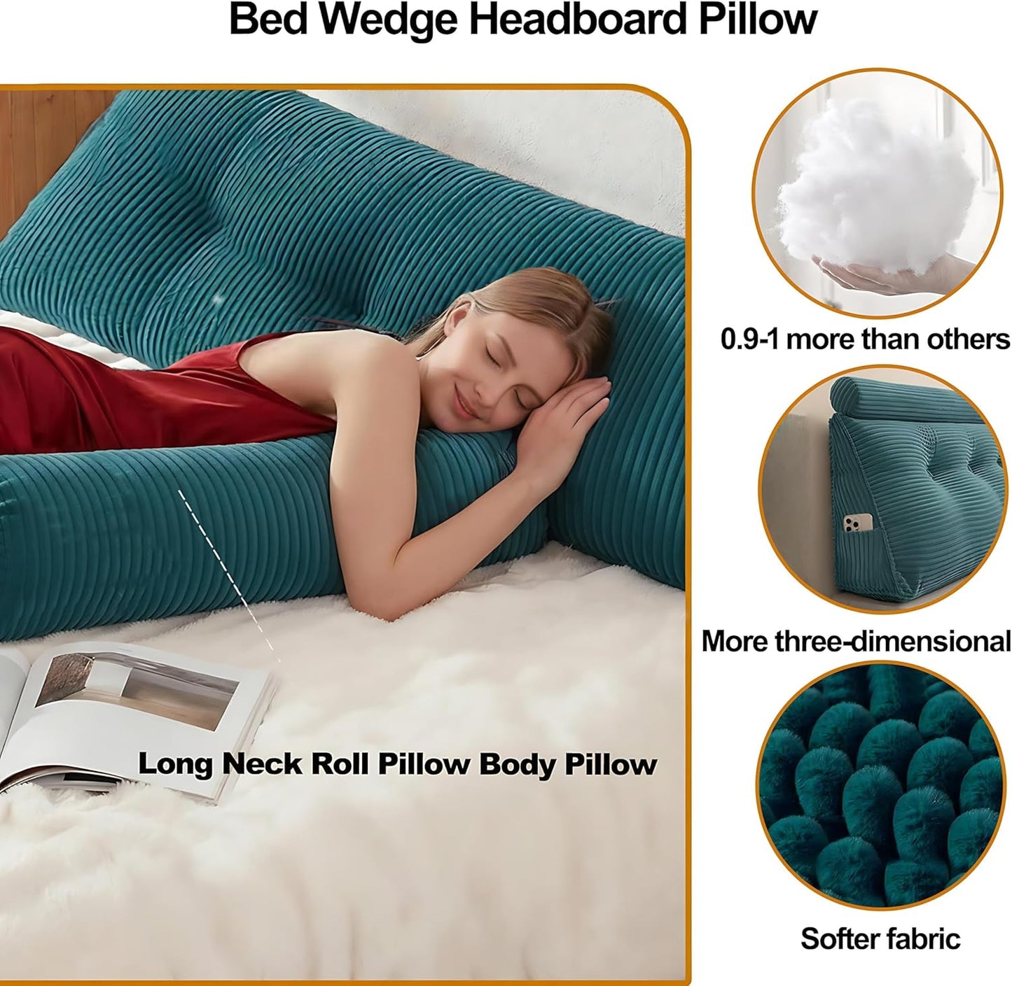 Headboard Pillow Queen, Large Triangular Wedge Cushion with Neck Roll Pillow for Reading Sitting Working, Backrest Positioning Support Bodypillow with Removable Washable Cover for Bed Dorm Sofa