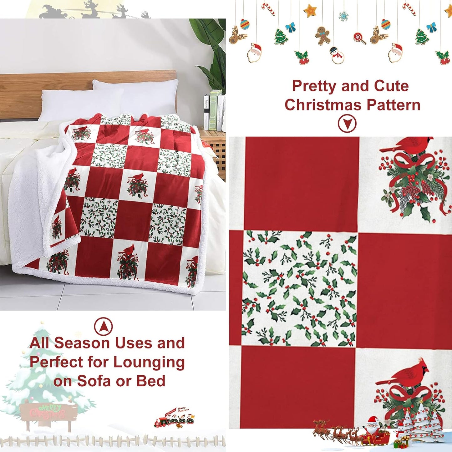 Sherpa Fleece Blanket Throw, Cardinals Birds Stitching Plaid Fuzzy, Soft Lightweight Breathable Bed Sofa TV Couch Blanket, Christmas Home Decor, 50'x60'
