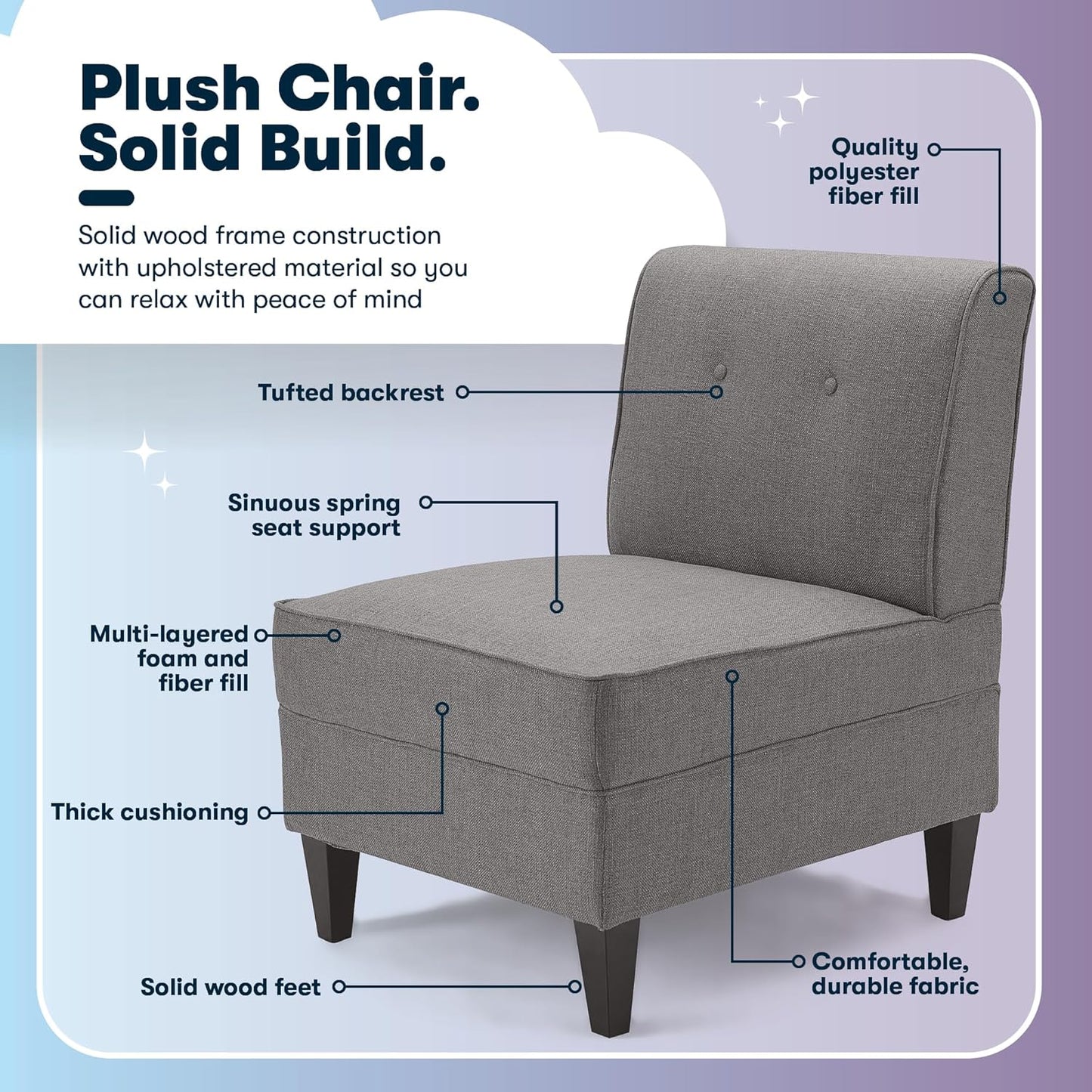 Serta Copenhagen Modern Accent Chair, Button Tufted Backrest, Sinuous Spring Seat Cushion, Rubberwood Legs, Upholstery for Living Room, Bedroom and Small Spaces, Polyester Woven Fabric, Gray