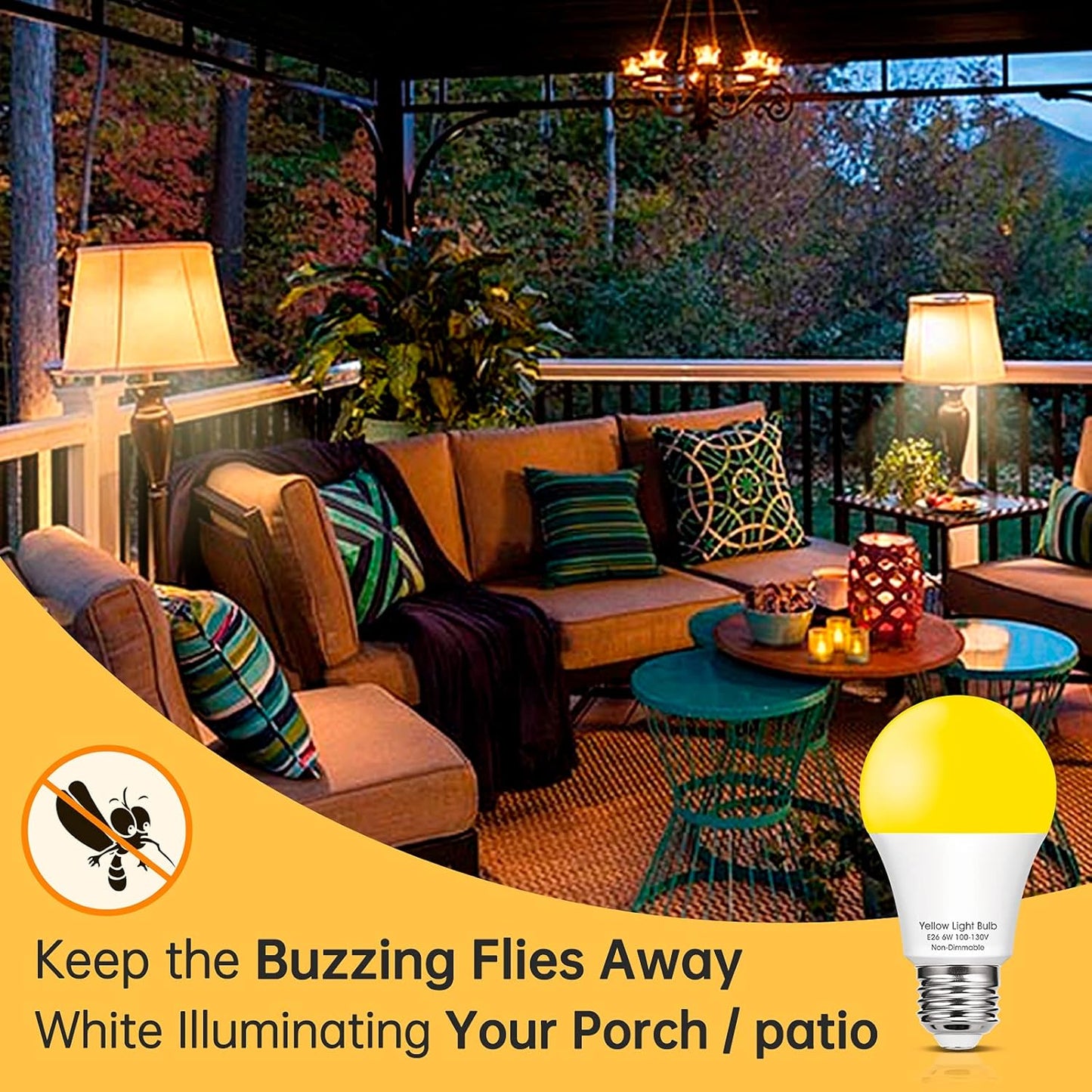 EvaStary Yellow LED Light Bulb Outdoor, 6W Bug Light Bulbs 40W Equivalent Outside, A19 LED Amber Bedroom Night Lights, Warm LEDs Hallway Lighting Decorative Lamps, 4 Pack