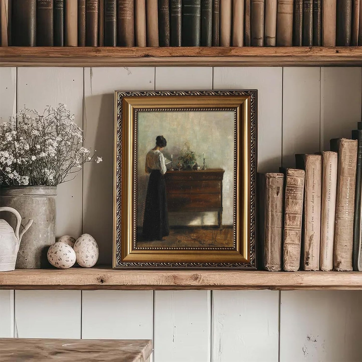 uniro Vintage Gold Framed Wall Art, Vintage Woman Portrait Canvas Art Prints Painting, Antique 19th Century Woman Reading Poster, Moody Dark Academia Aesthetic Artwork for Bedroom, Gallary, Living Room, Office,Bathroom, Desktop Decor - 9x12Inch