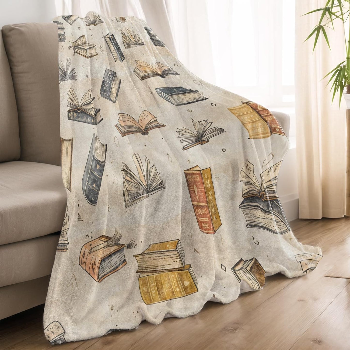 Vintage Book Blanket Lightweight Blankets Gifts for Books Lover Flannel Throw with Literary Reading Printed for Sofa, Bed, Travel, Picnic, Camping, Office, Retro Decor Throws 60x50 Inch