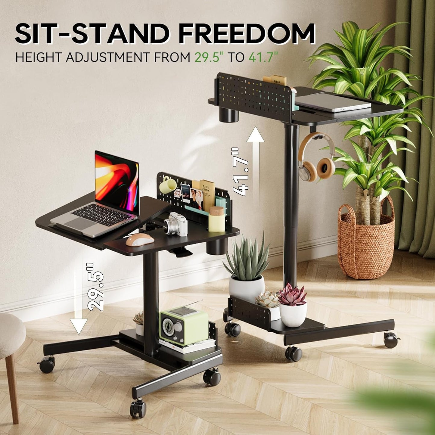 JOY worker Mobile Standing Desk with 60° Tiltable Desktop, 28" Height Adjustable Rolling Desk, DIY Pegboard & Storage Base, Portable Laptop Desk with 4 Lockable Wheels for Home Office, Black