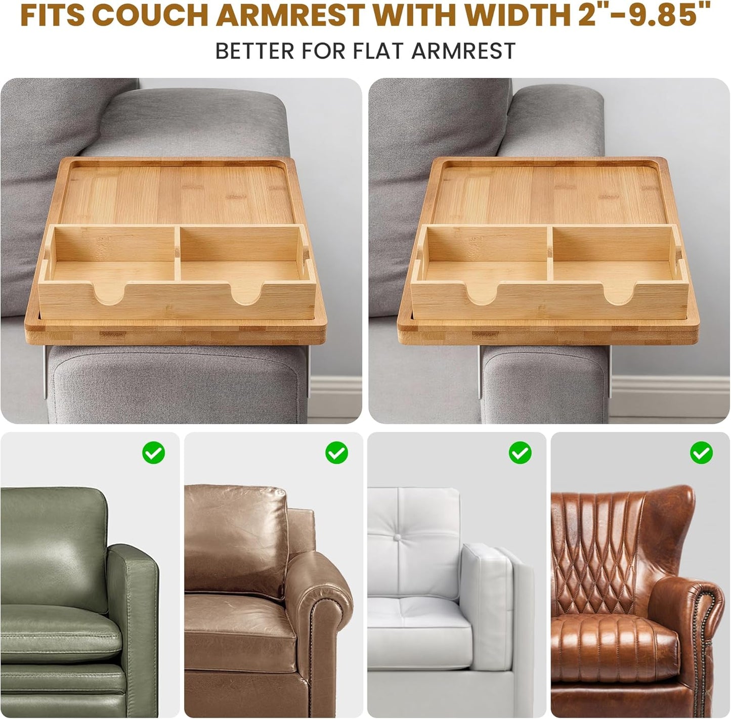 2-in-1 Couch Cup Holder Tray with Metal Legs, Bamboo Couch Armrest Table with Detachable Cup Holder, Adjustable 2–9.85 Inch Fit, Extra Stable Sofa Arm Tray for Living Room & Recliner