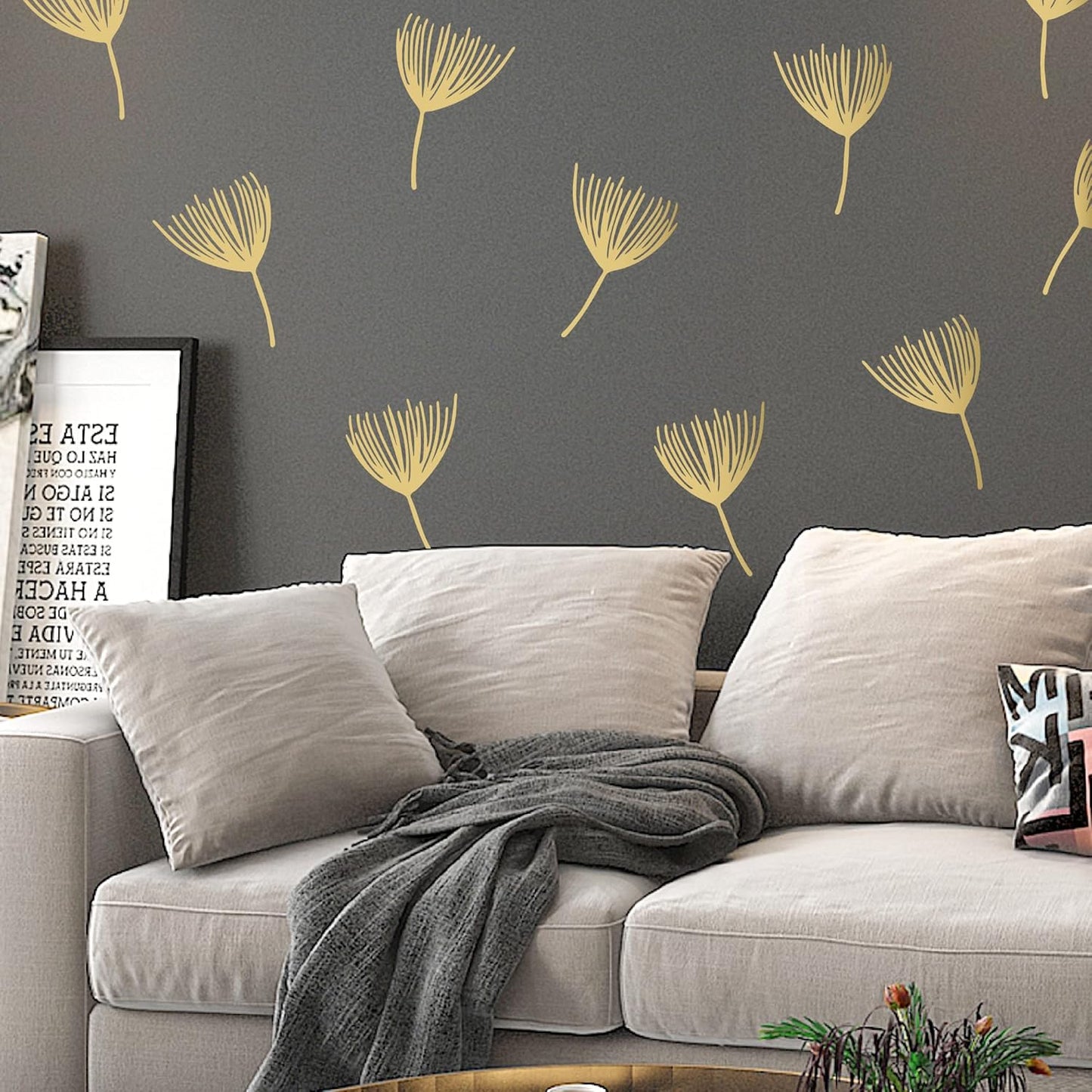 A Room with Metallic Gold Vinyl Flowers Wall Decals, Peel and Stick Modern Floral Dandelion Pappus Stickers for Bedroom Livingroom Home Wall Art Decor