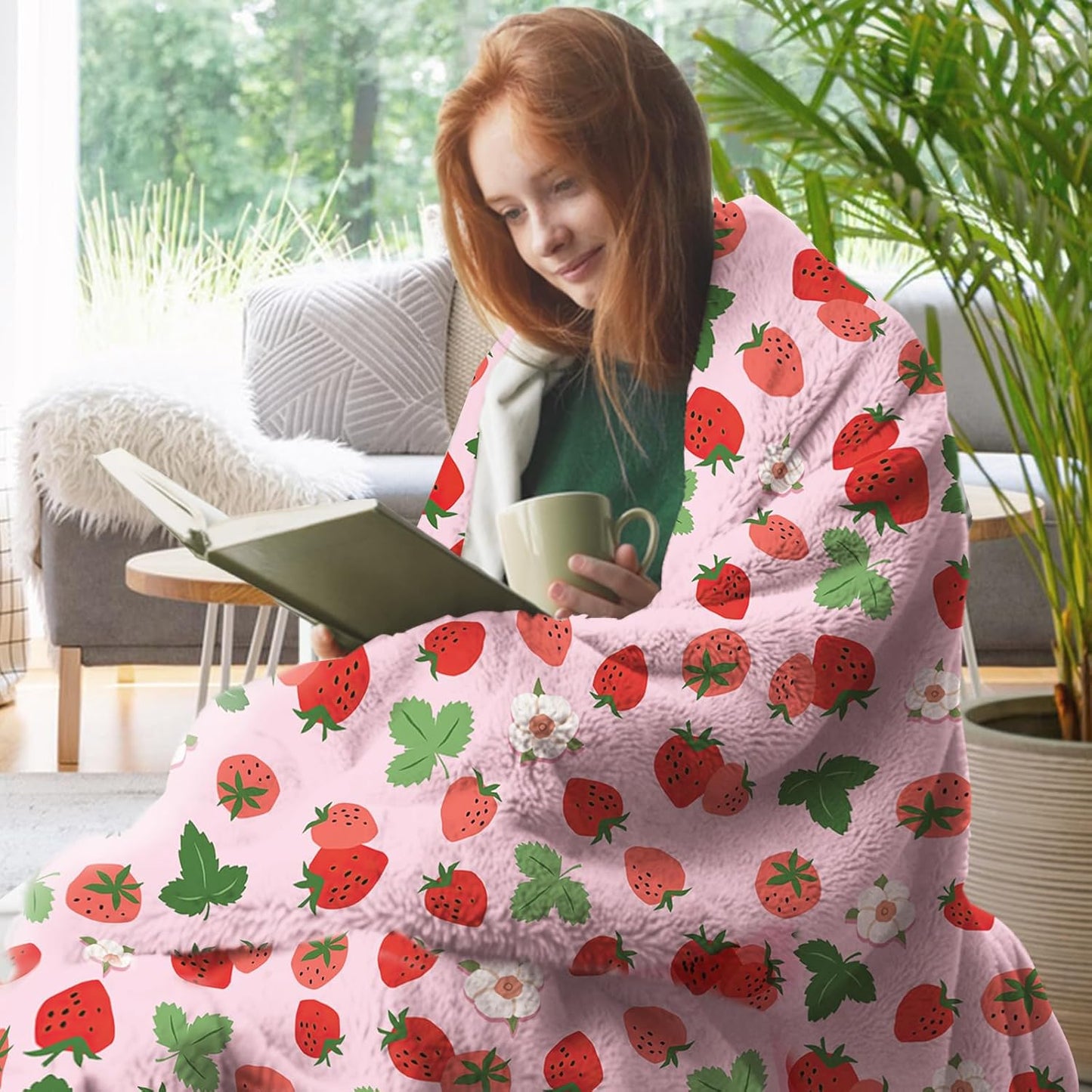 Pink Strawberry Flannel Throw Blanket, Red Pink Fruit Floral Birthday Gifts for Kids Girls Women Adults Teen, Spring Summer Flowers Soft Blankets for Bedding Sofa 50" x 60"