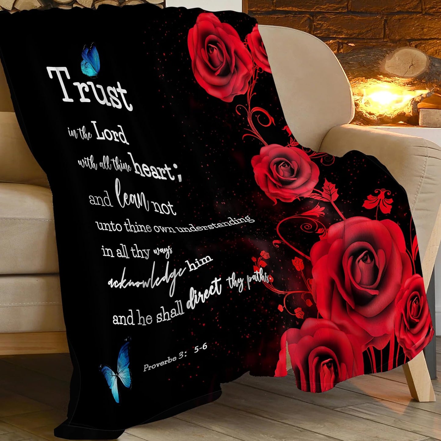 Christian Bible Verse Blanket Red Rose Inspirational Scripture Throw Blanket Religious Spiritual Gifts for Girls Boys Kids Adults Women Men Soft Cozy Plush Fuzzy Fleece Blanket Decor 40''X50''
