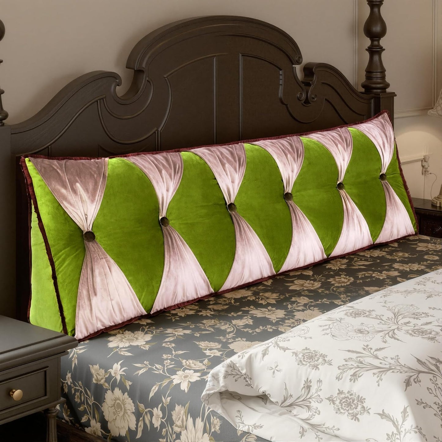 Triangle Reading Pillow Wedge Headboard Pillow Backrest Back Support for Queen Size Sitting Up in Bed Padded Headboard Wall Cushion Velvet Cover Green with Pink