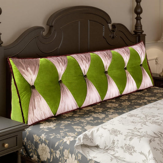 Triangle Reading Pillow Wedge Headboard Pillow Backrest Back Support for Queen Size Sitting Up in Bed Padded Headboard Wall Cushion Velvet Cover Green with Pink