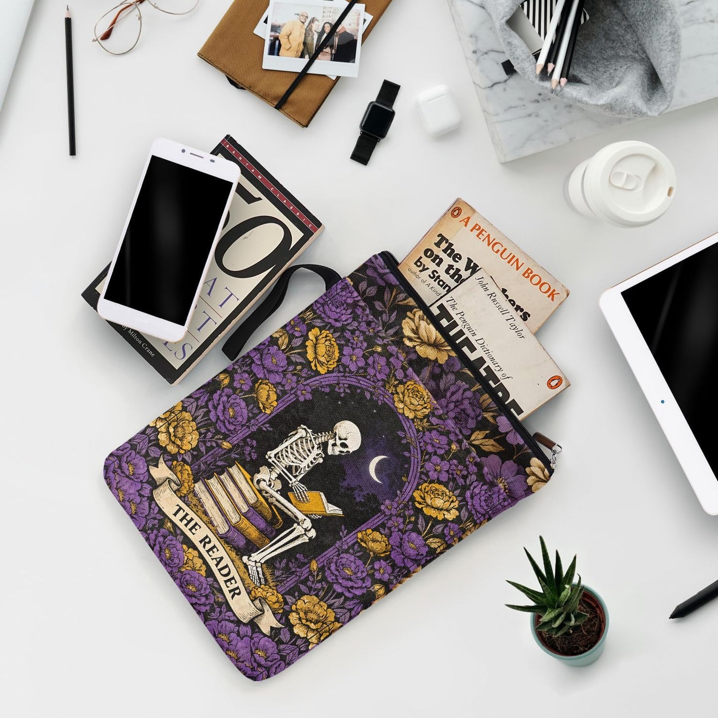 Gothic Skeleton Purple Garden Book Sleeve Pouch for Book Lovers, Fantasy Novel Reader Gifts for Reader Writer, Tarot Bookcovers Protector for Paperbacks with Handle, Reading Accessories for Student